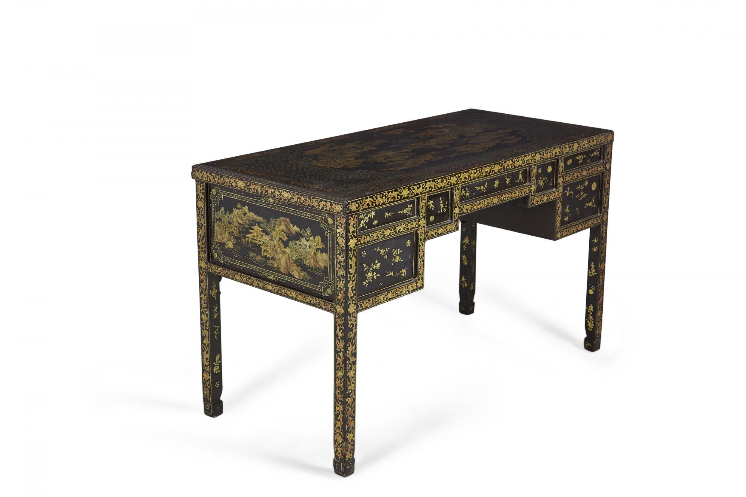Metal 19th Century English Regency Chinese Export Gilt Black Lacquer Desk For Sale