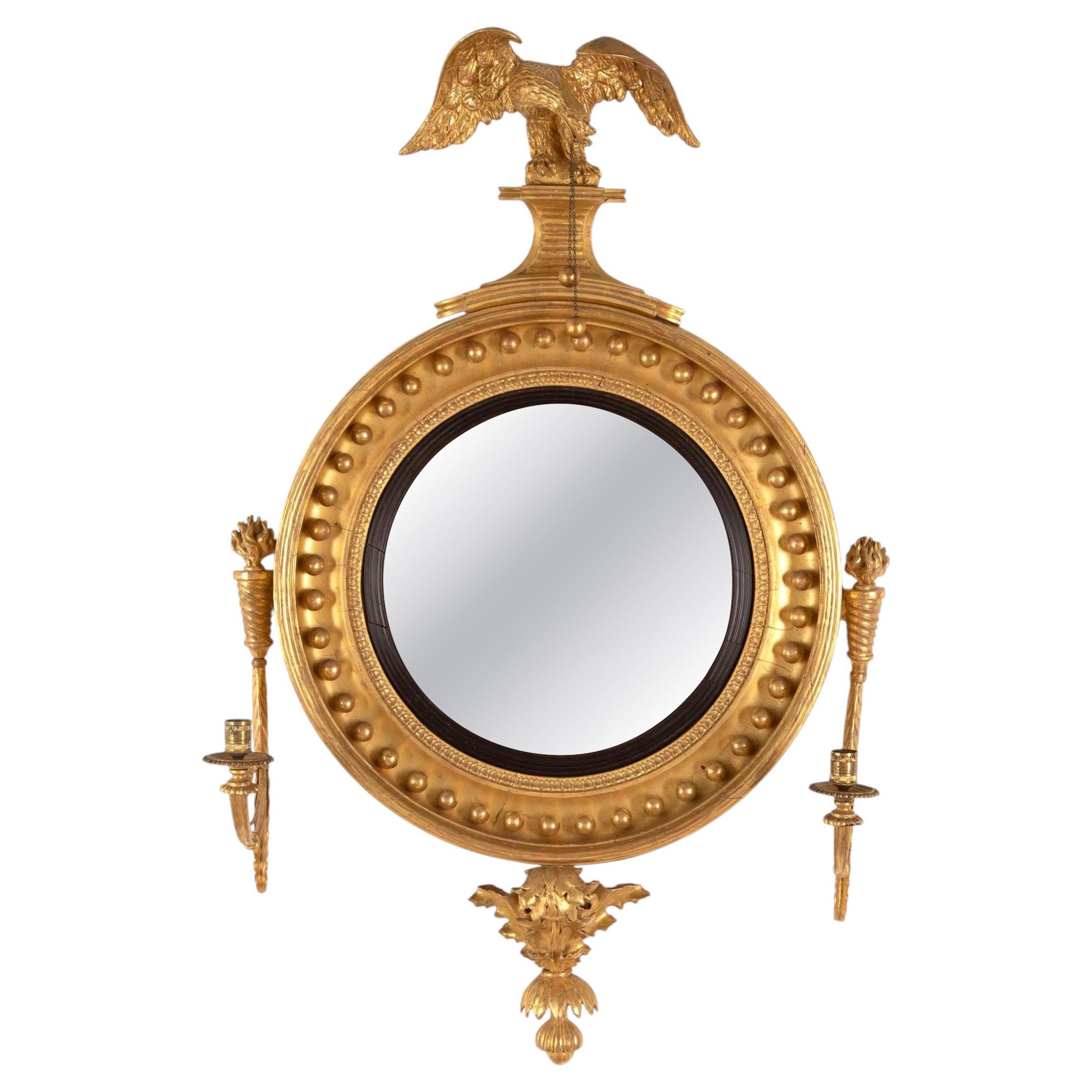 19th Century English Regency Convex Mirror With Eagle Decoration