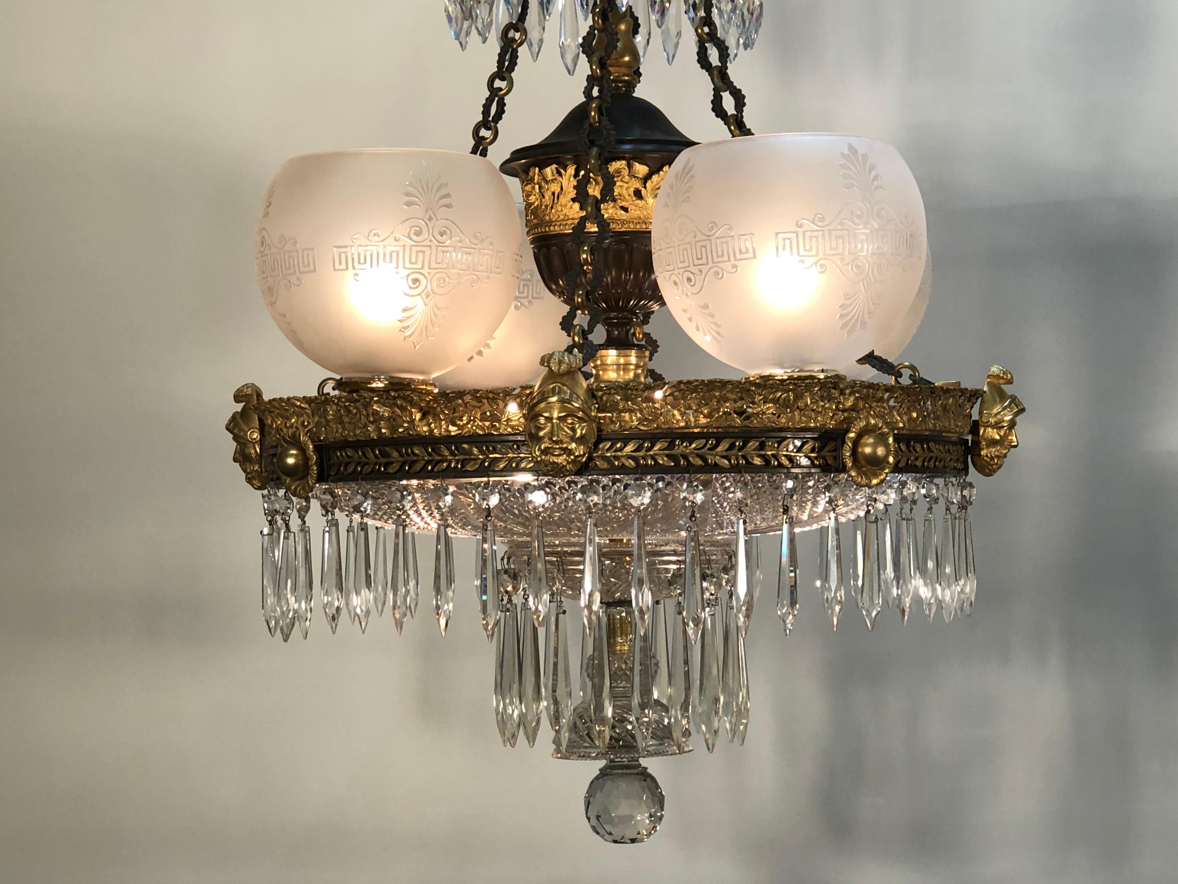 Patinated 19th Century English Regency Crystal and Bronze Gasolier, Johnston Brookes & Co.