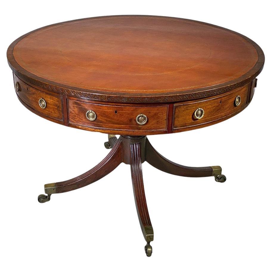 19th Century English Regency Drum Table with Leather Top
