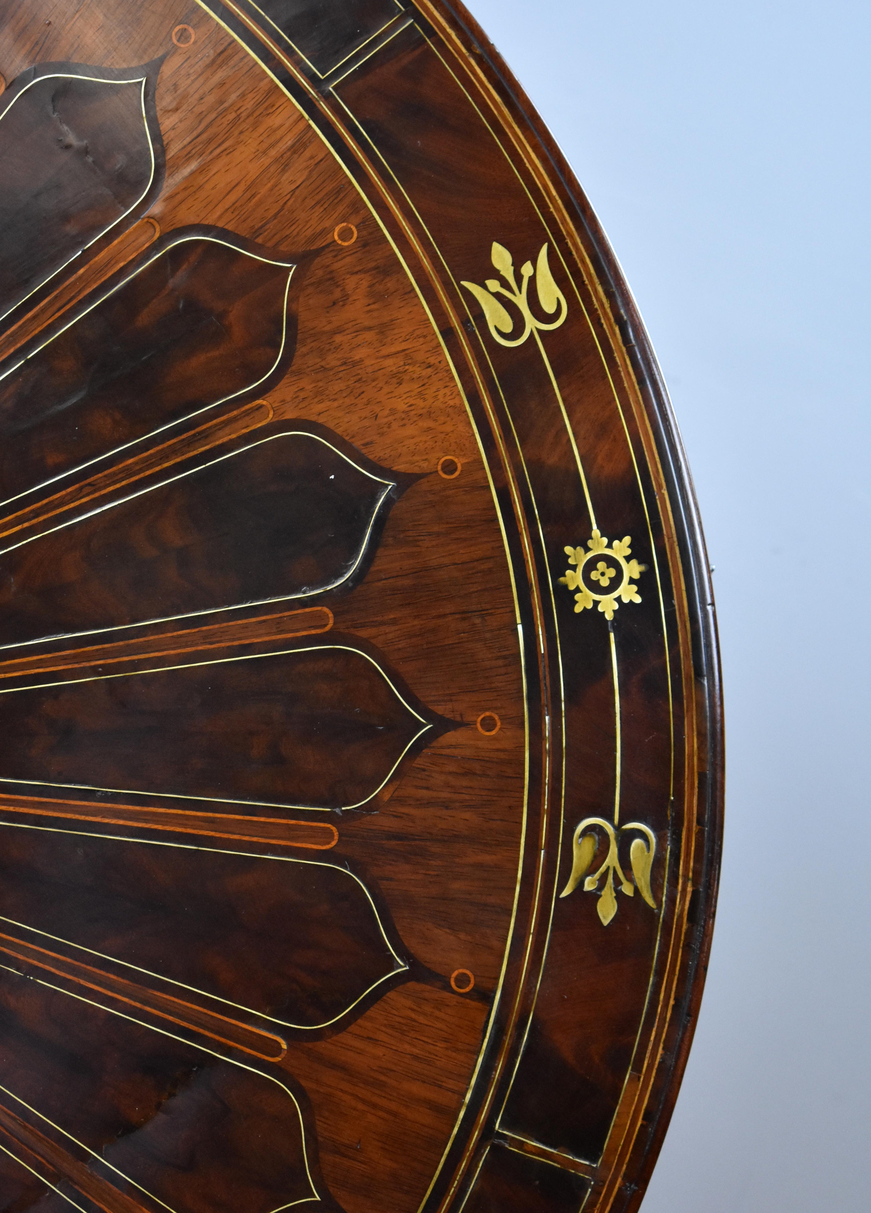 19th Century English Regency Flame Mahogany Brass Inlaid Drum Table For Sale 7