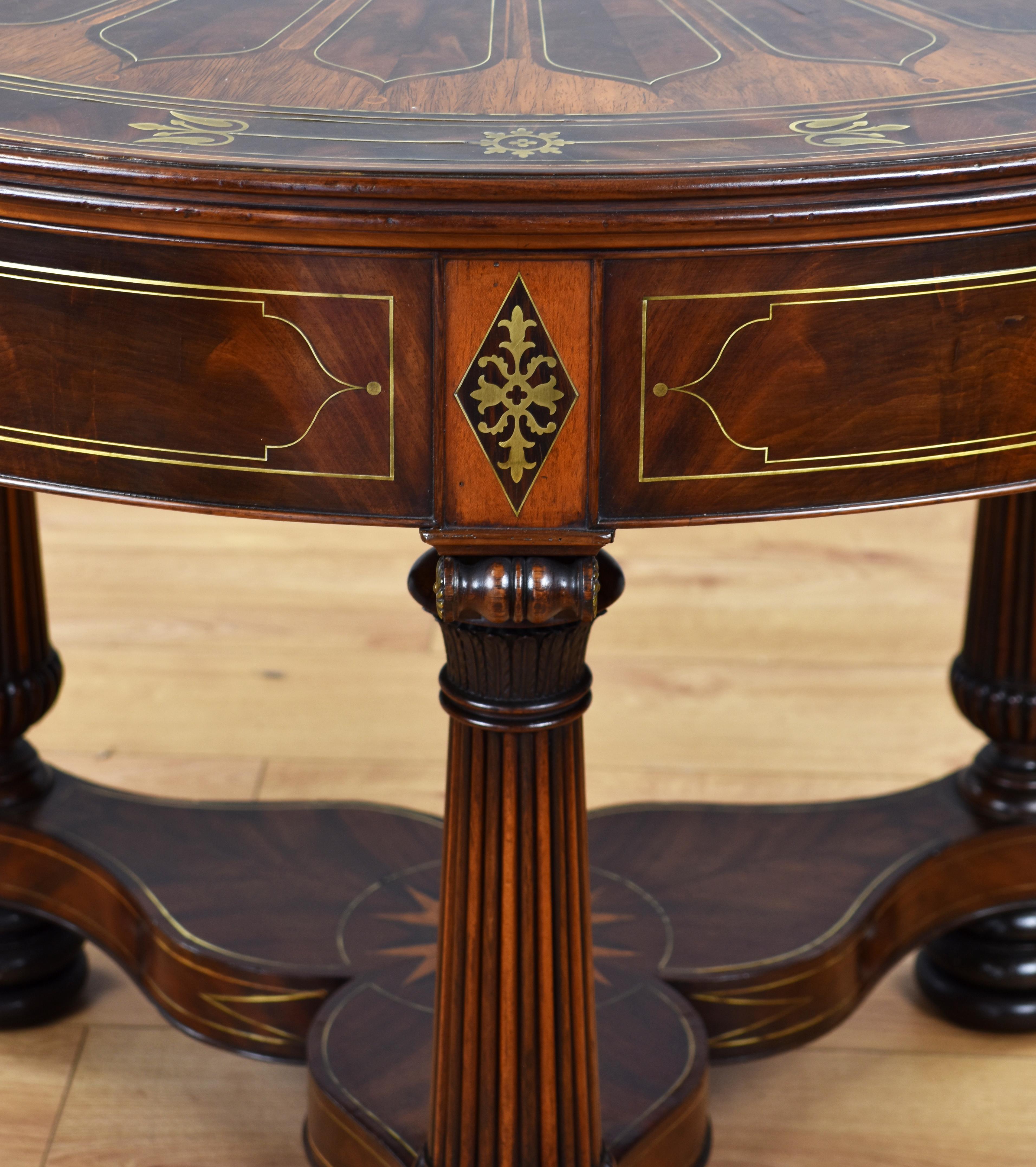 19th Century English Regency Flame Mahogany Brass Inlaid Drum Table For Sale 2
