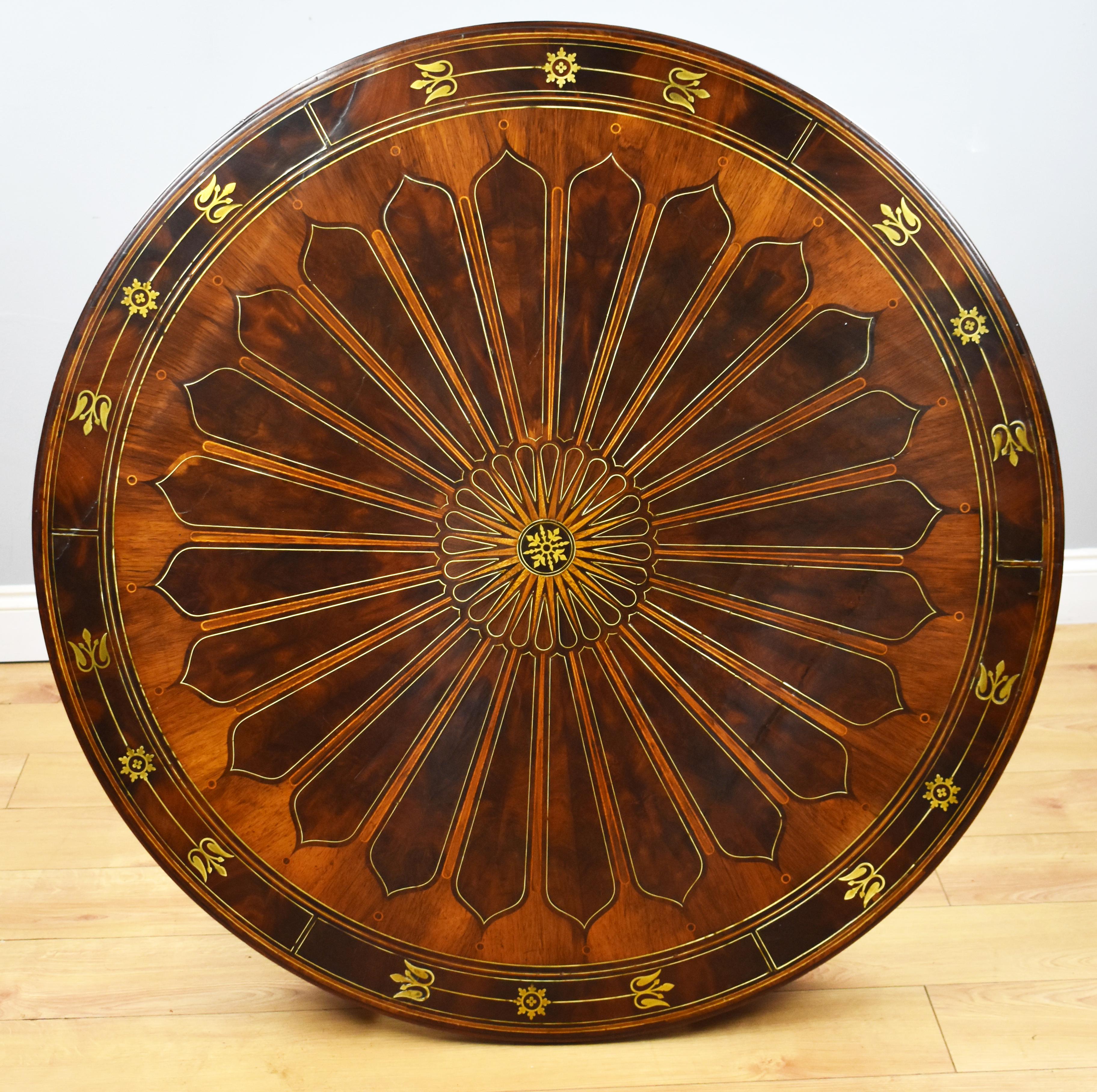 19th Century English Regency Flame Mahogany Brass Inlaid Drum Table For Sale 5