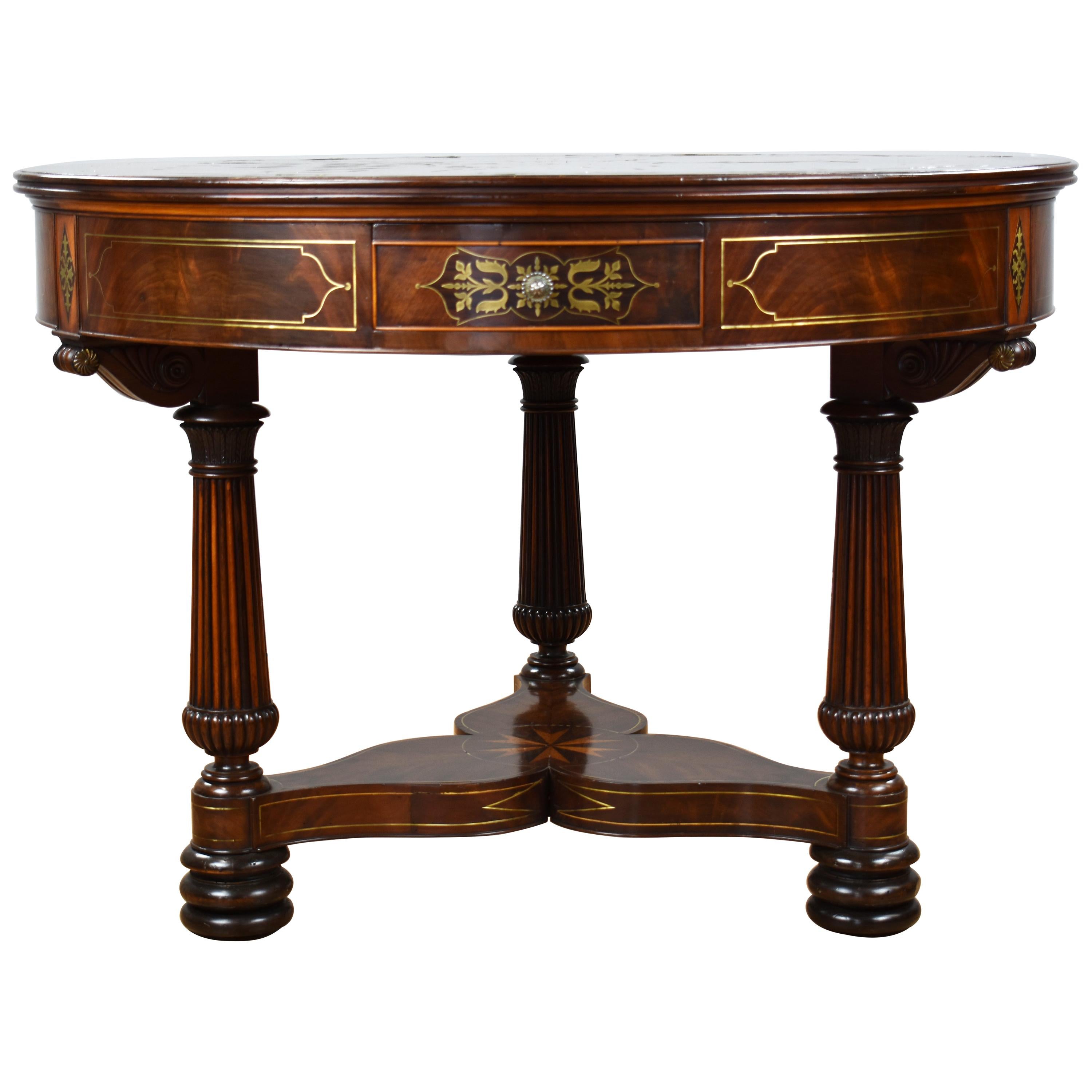 19th Century English Regency Flame Mahogany Brass Inlaid Drum Table For Sale