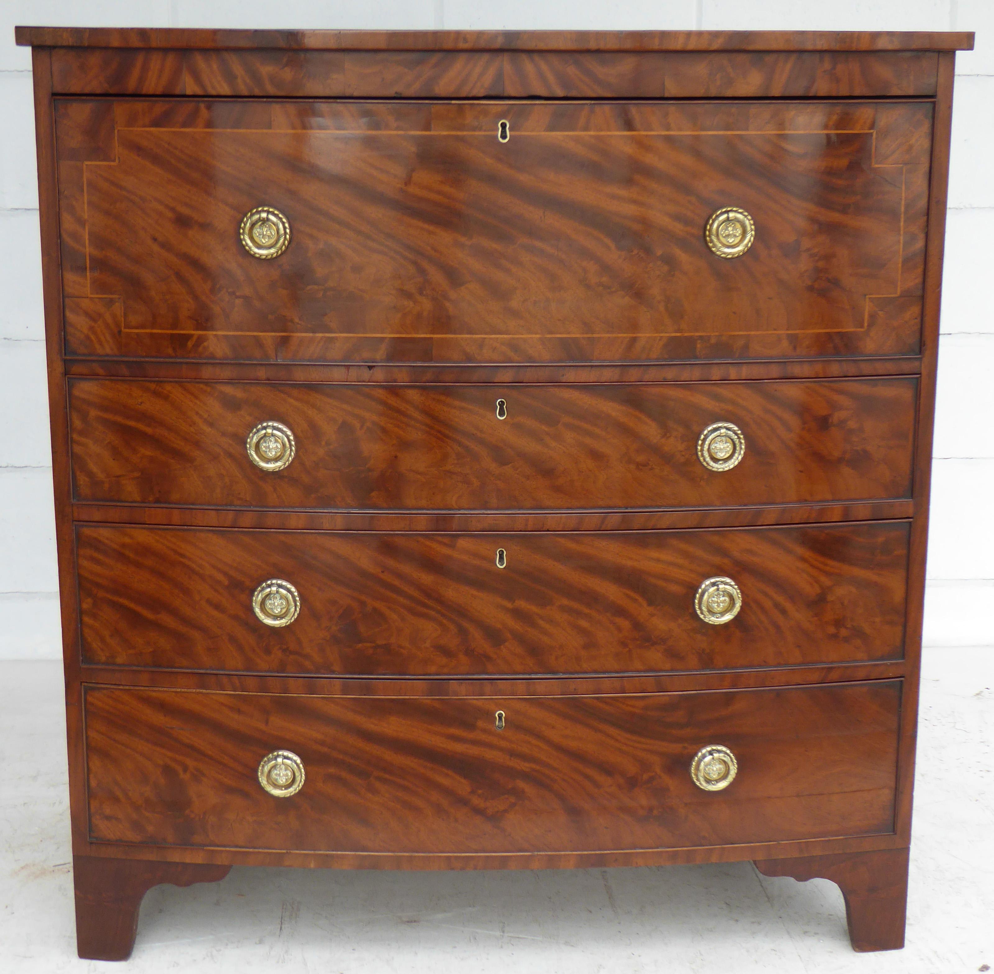 19th Century English Regency Flamed Mahogany Secretaire Bow Front Chest In Good Condition In Chelmsford, Essex