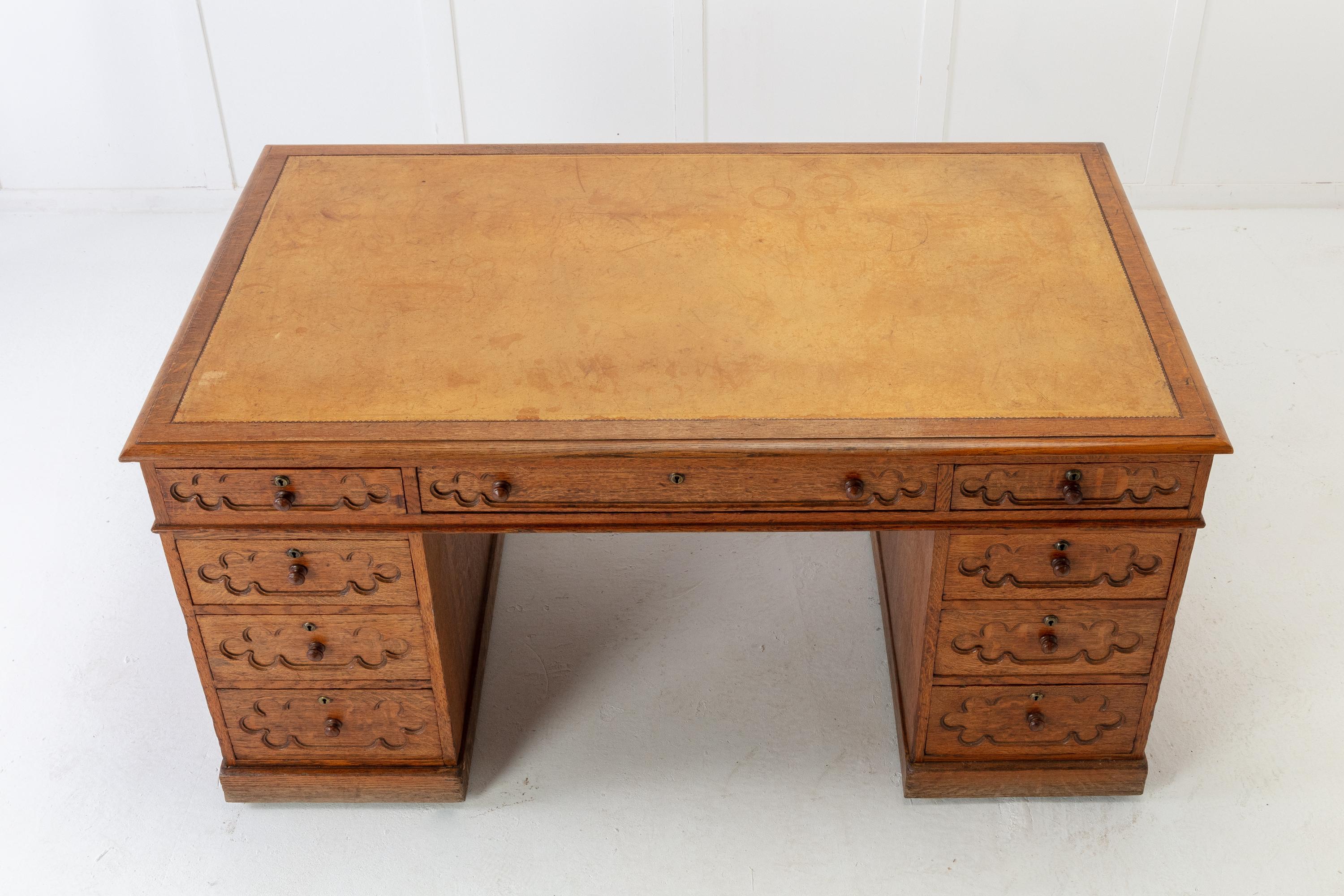 19th Century English Regency Gothic Oak Partners Desk 1