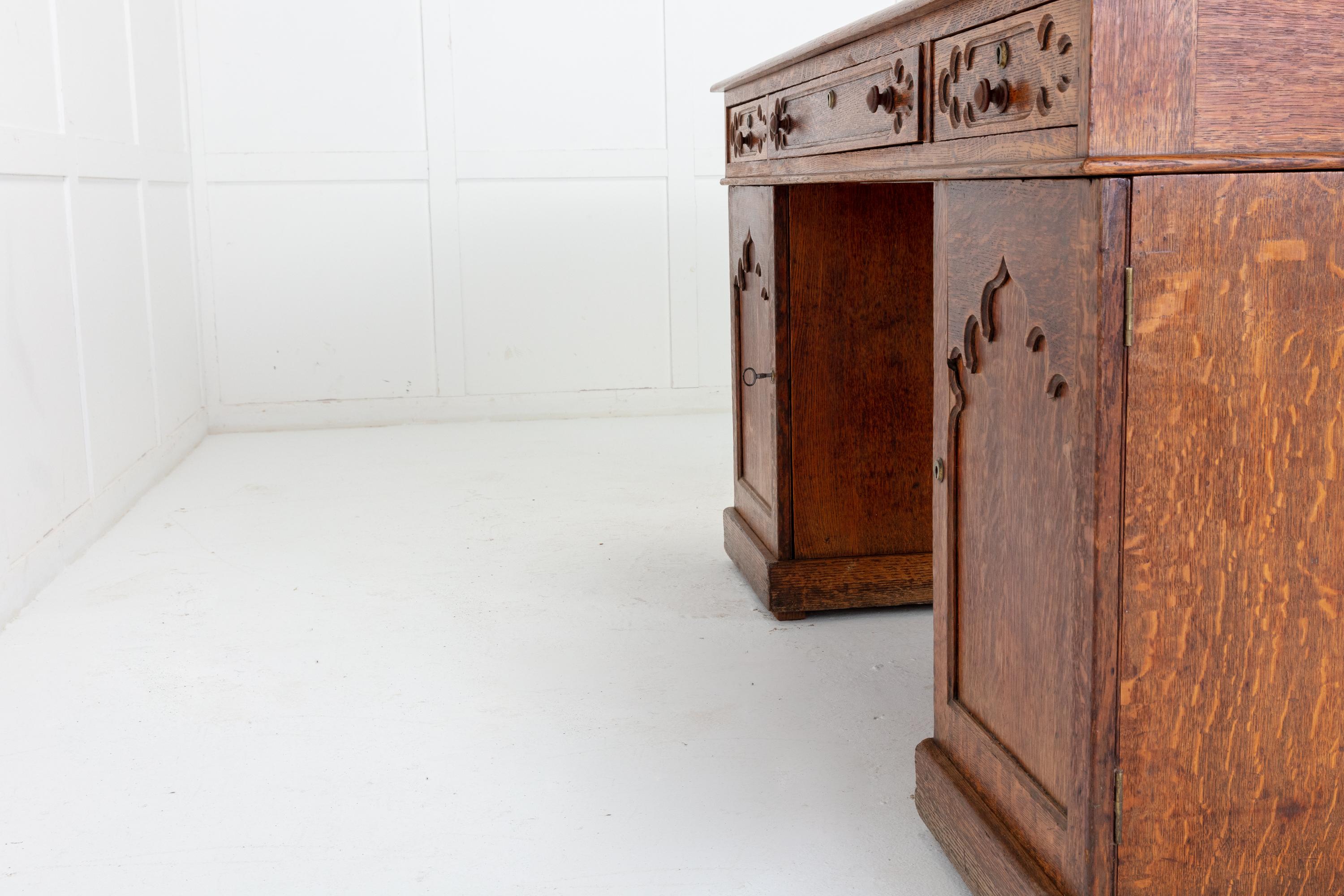 19th Century English Regency Gothic Oak Partners Desk 3