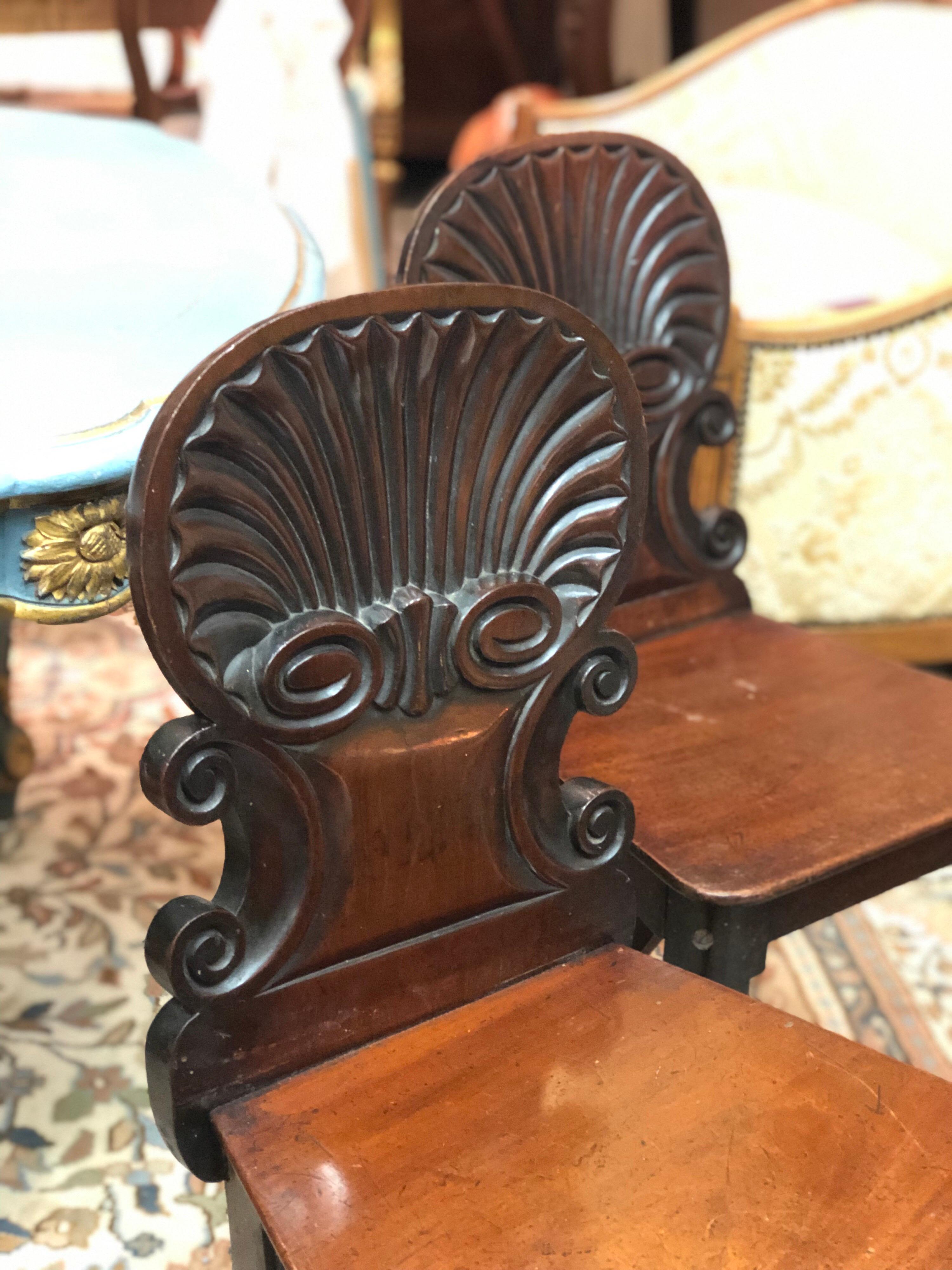 Hand-Carved 19th Century English Regency Hand Carved Mahogany Hall Chairs For Sale