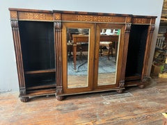19th Century English Regency Inlaid Rosewood Breakfront Bookcase Cabinet