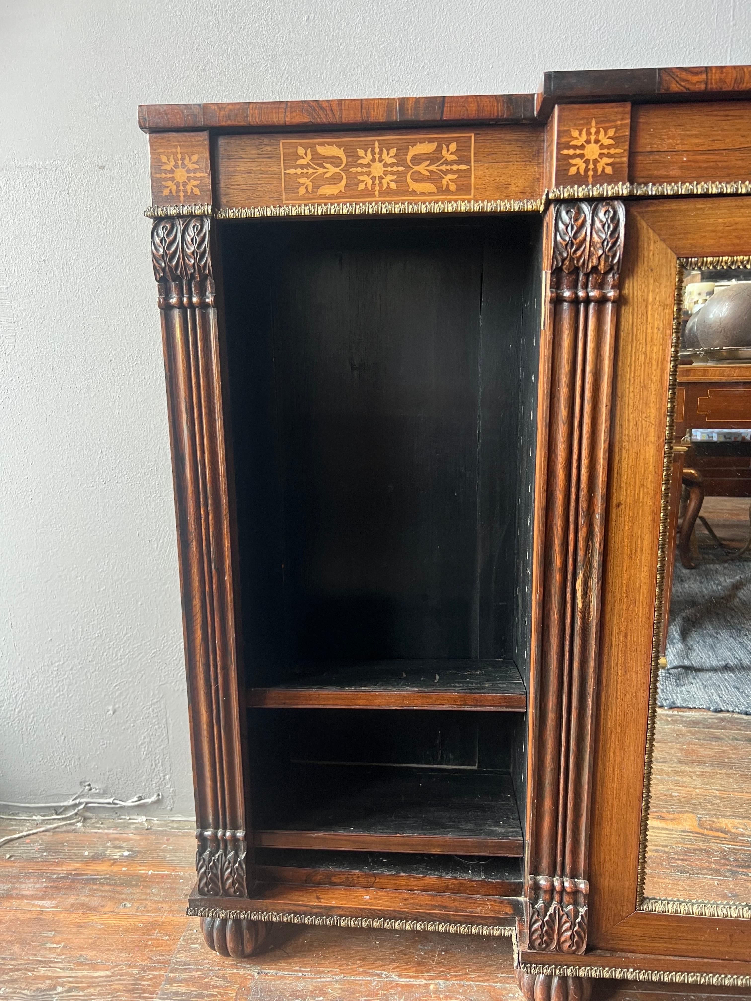 19th Century English Regency Inlaid Rosewood Breakfront Bookcase Cabinet  For Sale 1