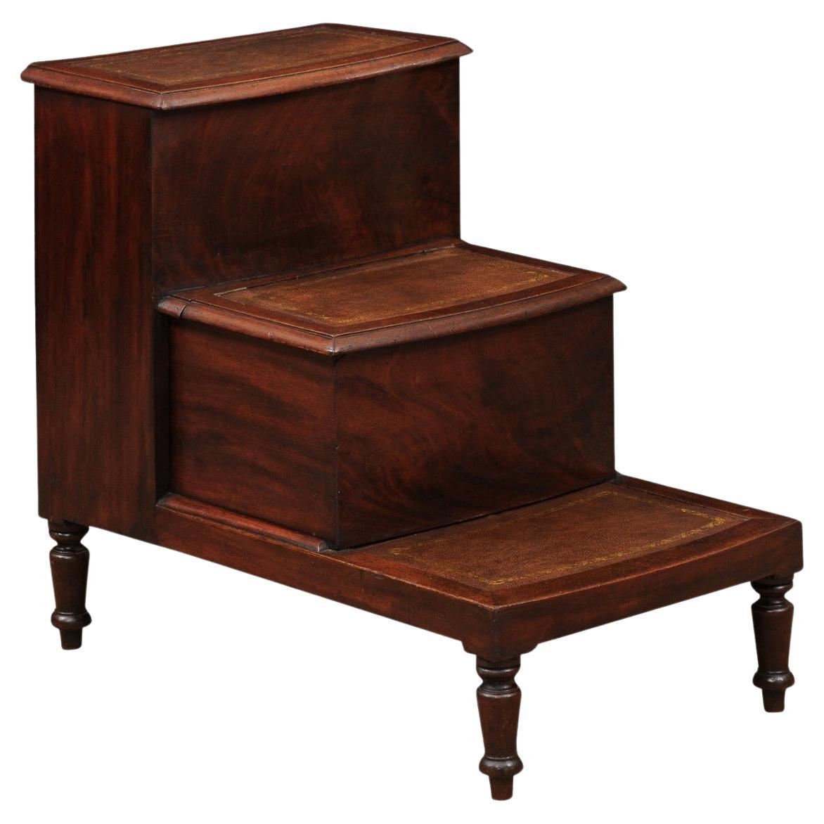  19th Century English Regency Library Steps in Mahogany with Embossed Leather For Sale