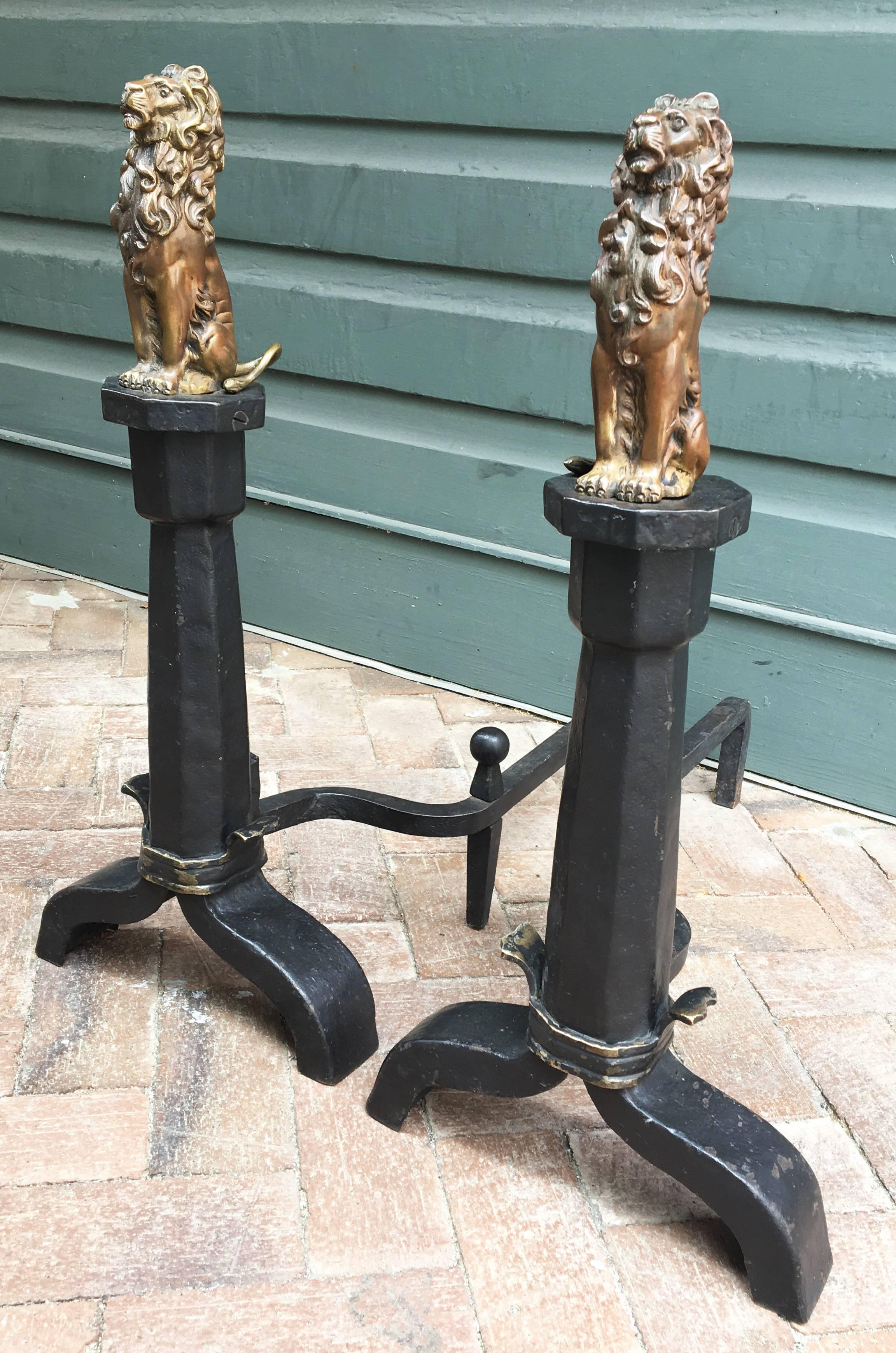 Gothic Revival 19th Century English Regency Lion Andirons