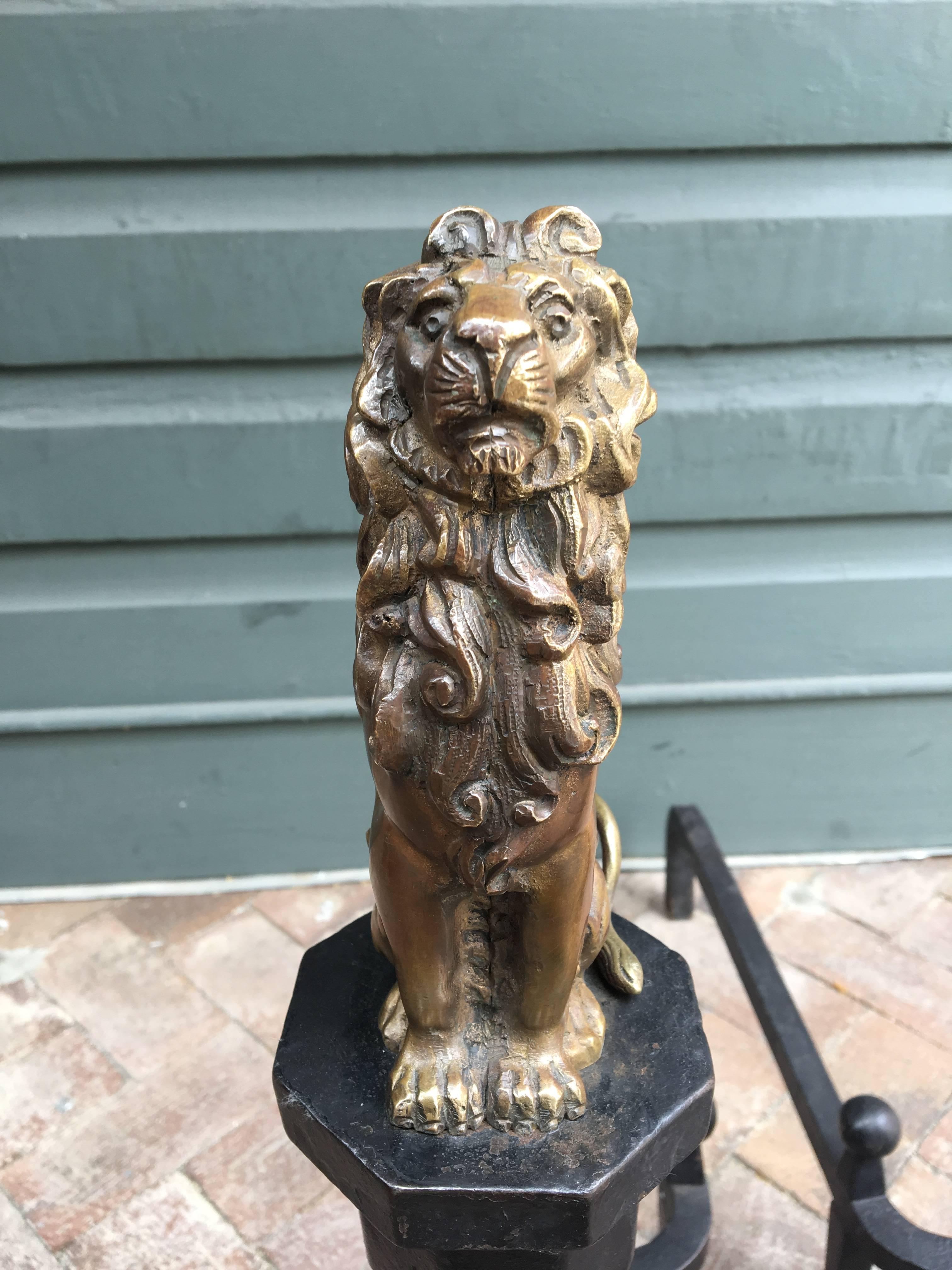 Bronze 19th Century English Regency Lion Andirons