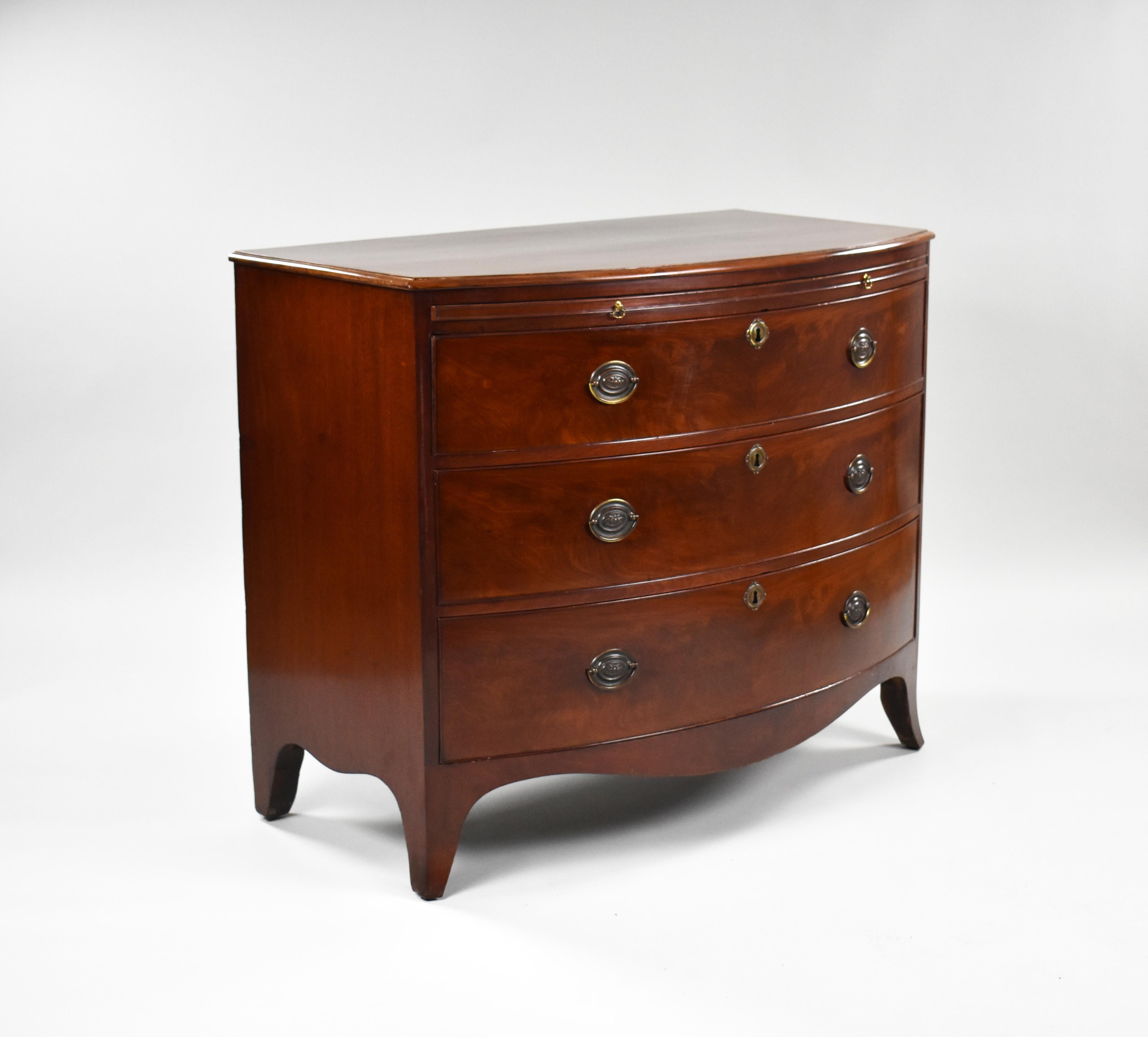 For sale is a good quality Regency mahogany bow front chest of drawers. Having a brushing slide over three long drawers, each with brass handles. The chest stands on splayed feet and is in very good condition for its age. 

Measures: Width: 109cm
