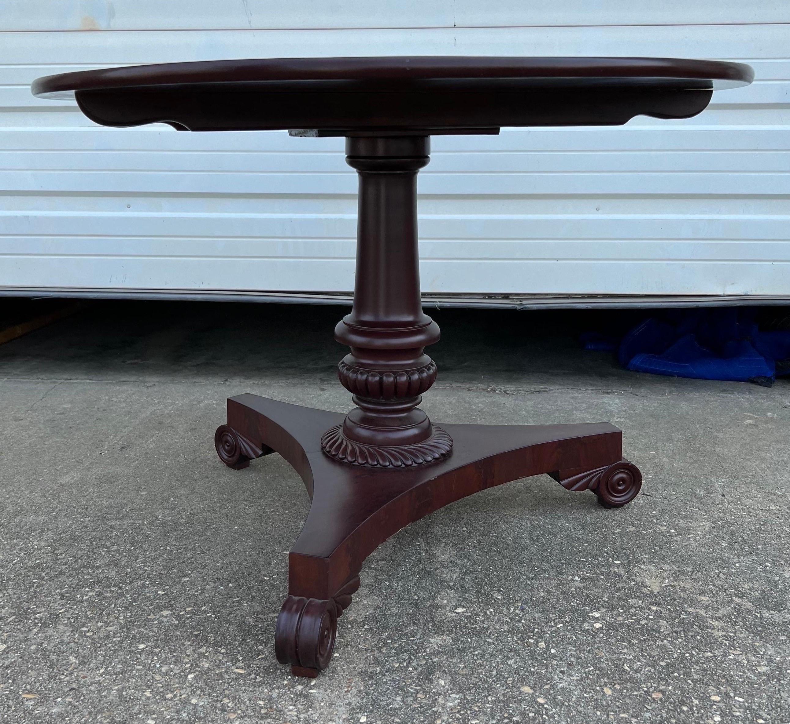Great little 19th century English regency mahogany center table. 28” high, pillar with gadrooned base over three classic regency feet.