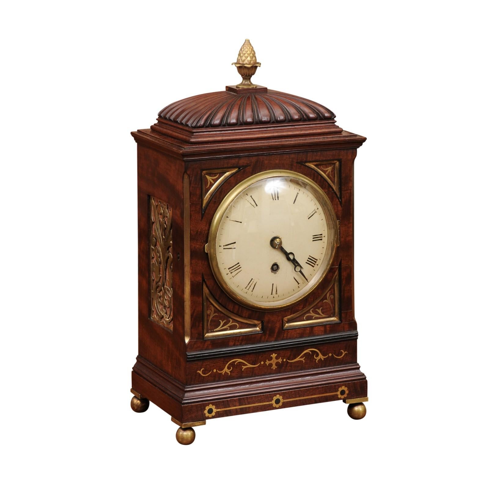 19th Century English Regency Mahogany Mantel Clock with Brass Inlay For Sale 8