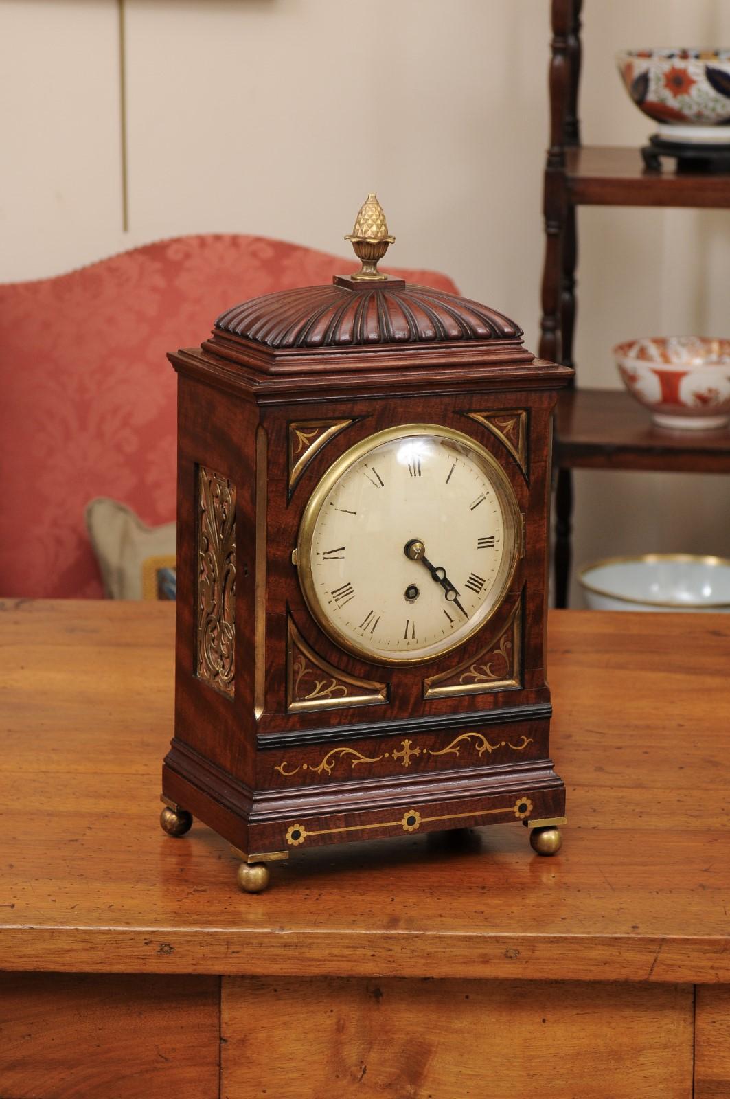 19th Century English Regency Mahogany Mantel Clock with Brass Inlay For Sale 9