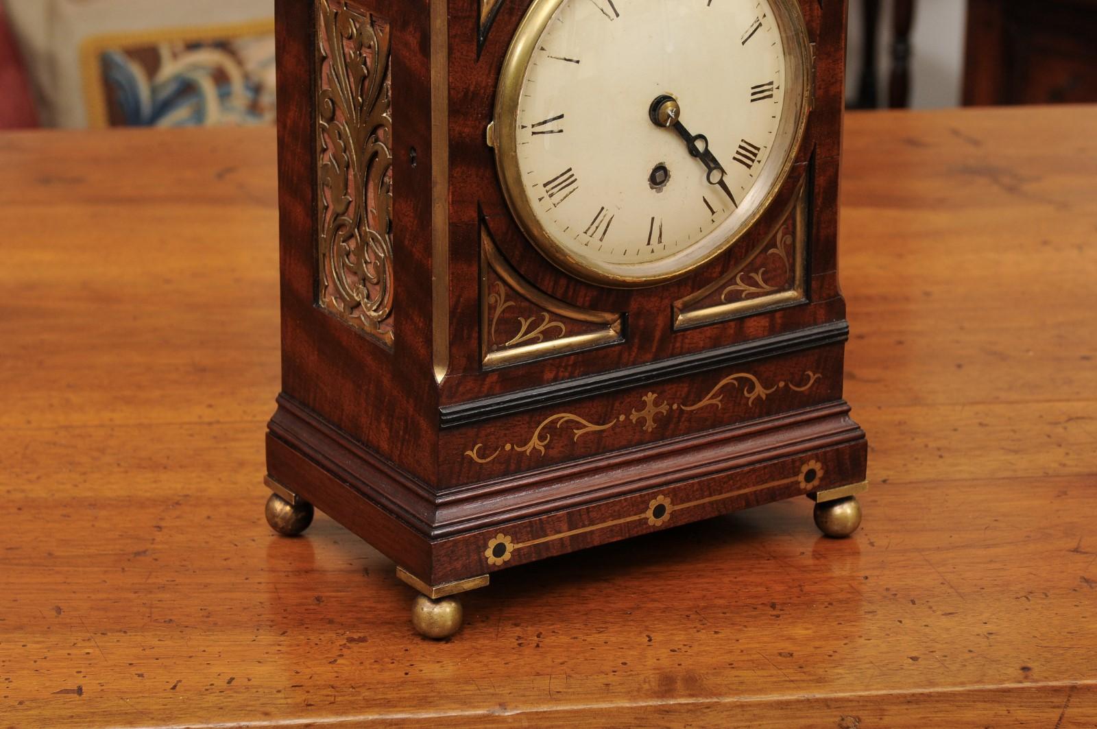 19th Century English Regency Mahogany Mantel Clock with Brass Inlay For Sale 11