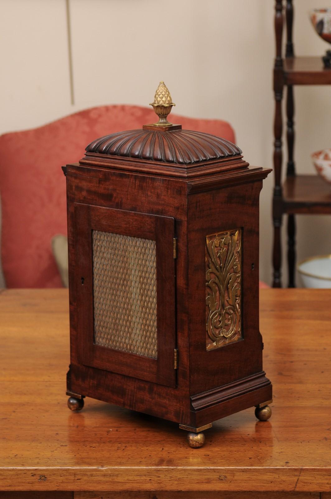19th Century English Regency Mahogany Mantel Clock with Brass Inlay For Sale 2