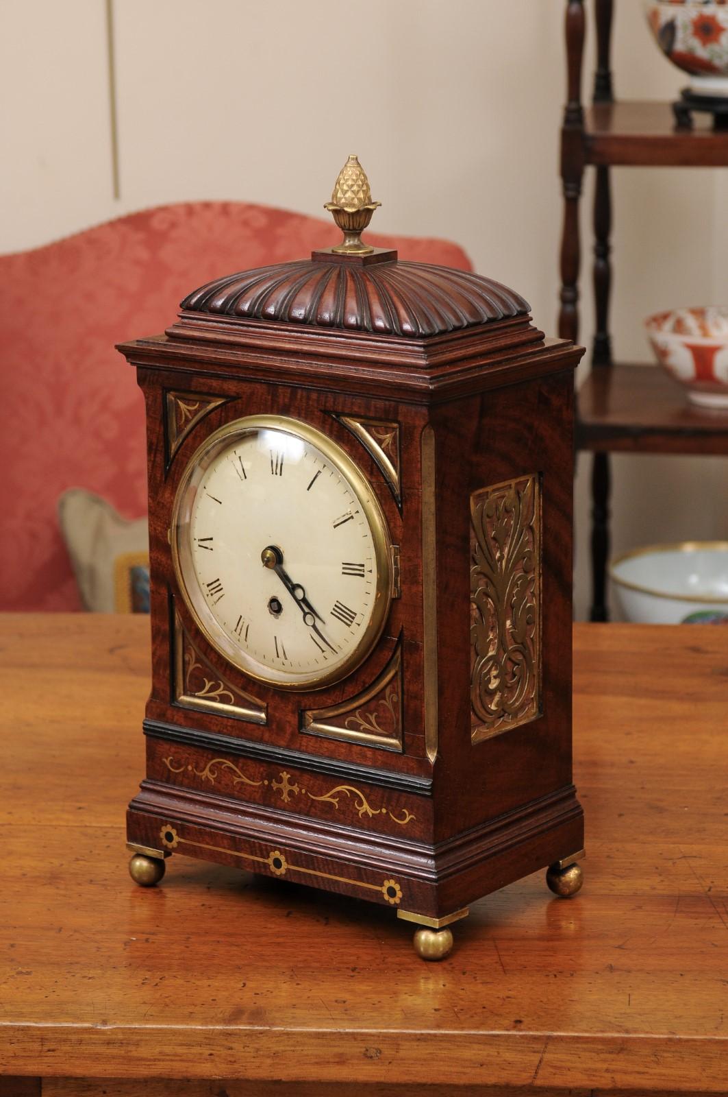 19th Century English Regency Mahogany Mantel Clock with Brass Inlay For Sale 6
