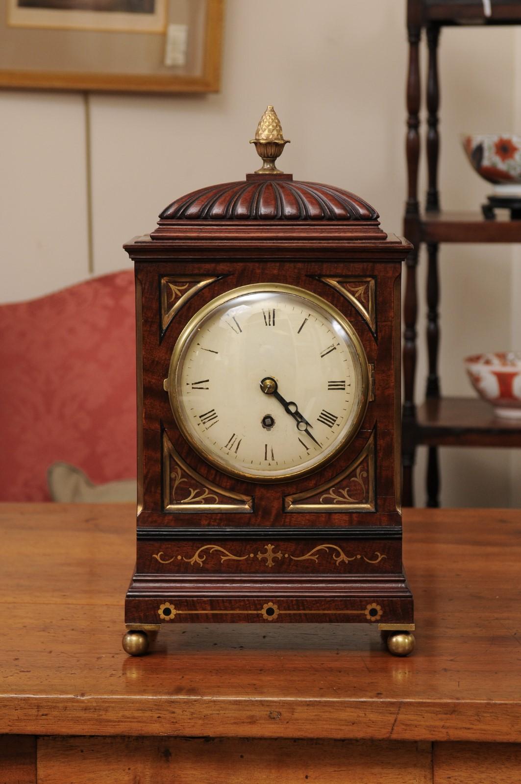 19th Century English Regency Mahogany Mantel Clock with Brass Inlay For Sale 7