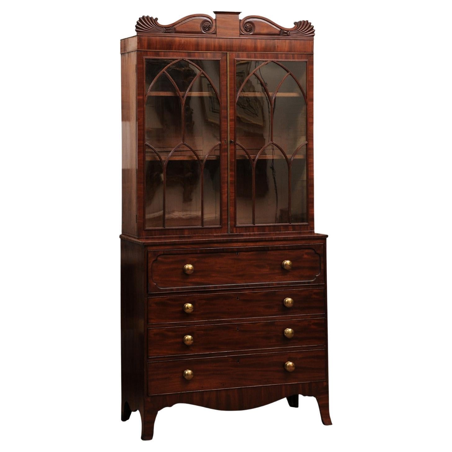 19th Century English Regency Mahogany Secretary Bookcase with Brass Knobs