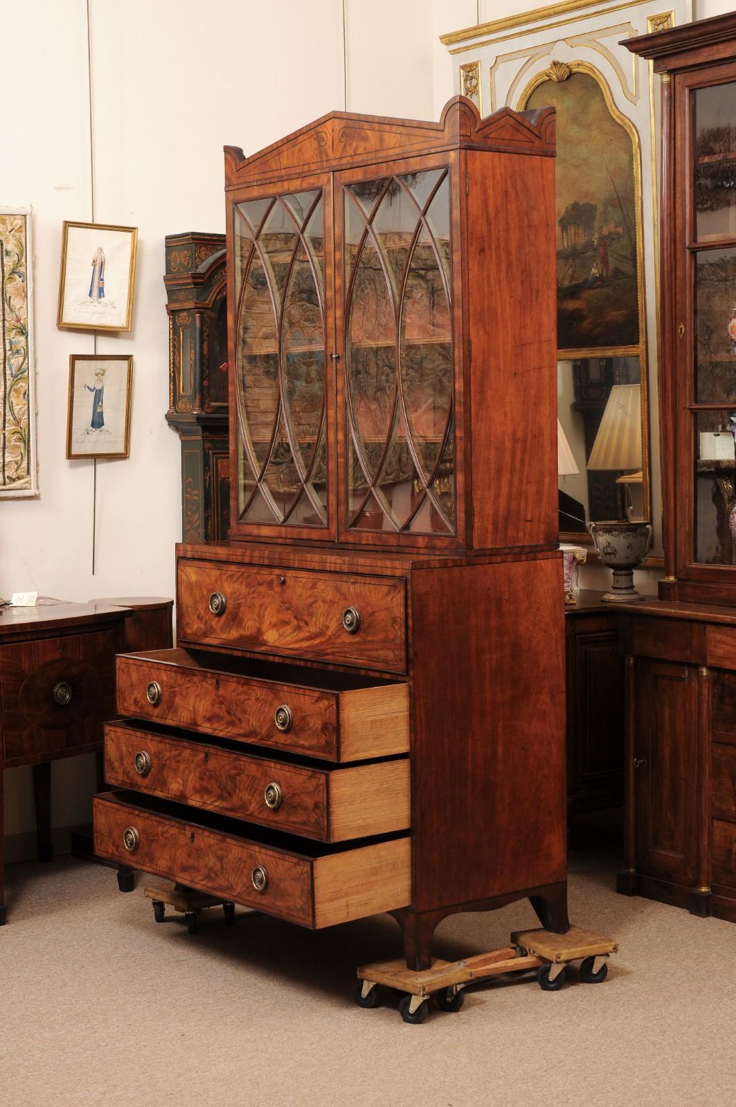 19th Century English Regency Mahogany Secretary Bookcase with Inlay 10