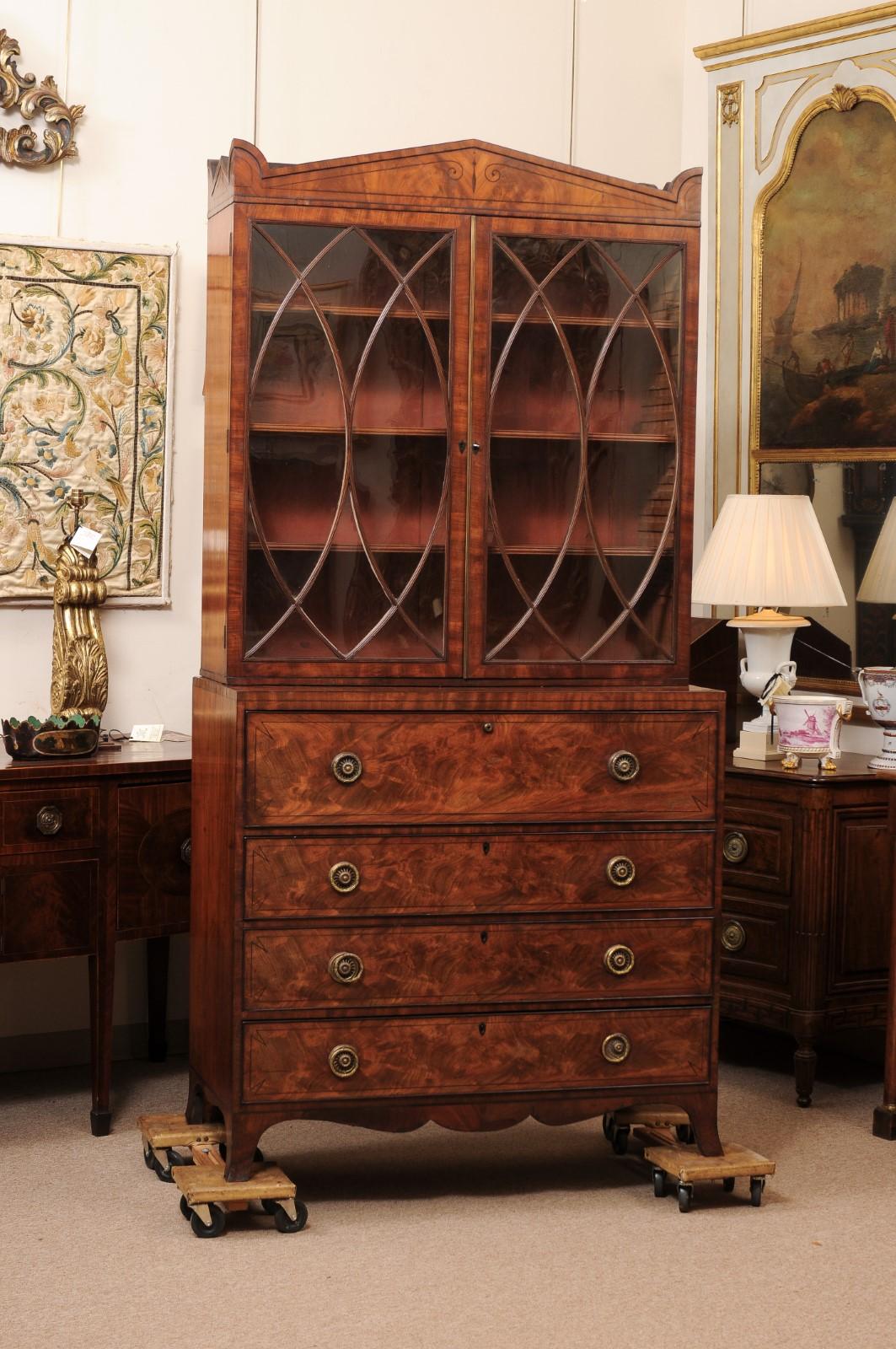 19th Century English Regency Mahogany Secretary Bookcase with Inlay In Fair Condition In Atlanta, GA