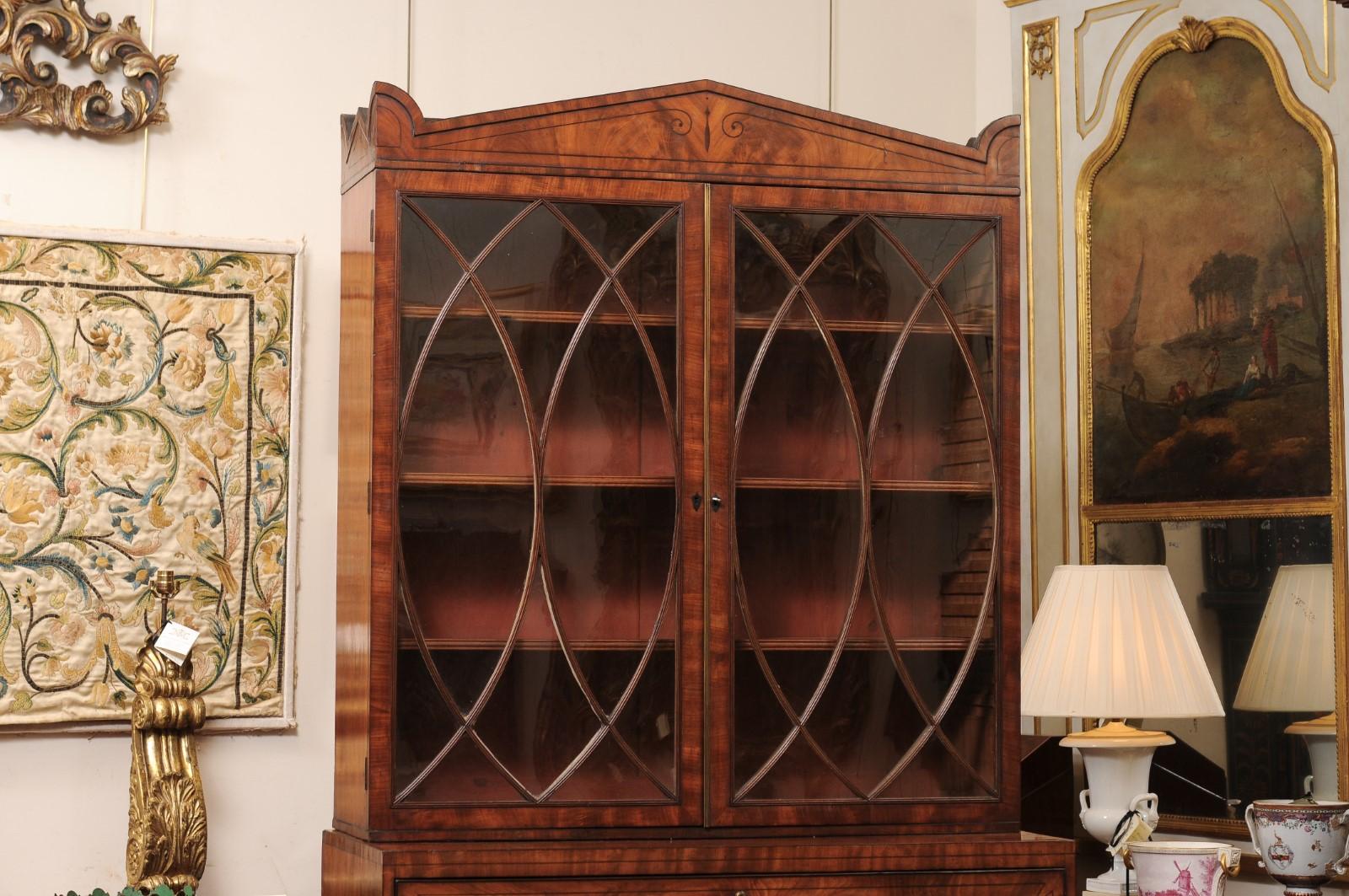 19th Century English Regency Mahogany Secretary Bookcase with Inlay 2