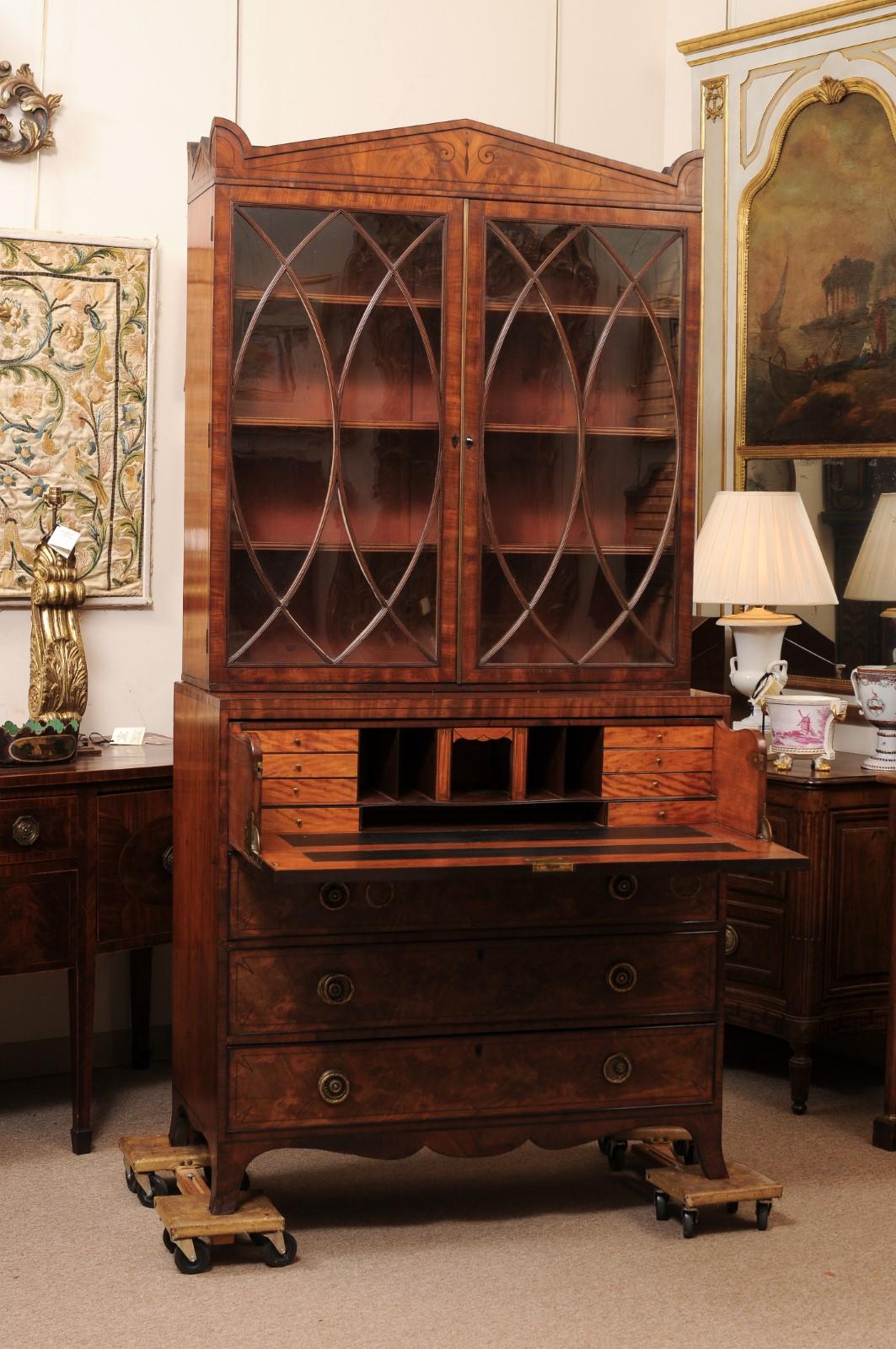 19th Century English Regency Mahogany Secretary Bookcase with Inlay 3