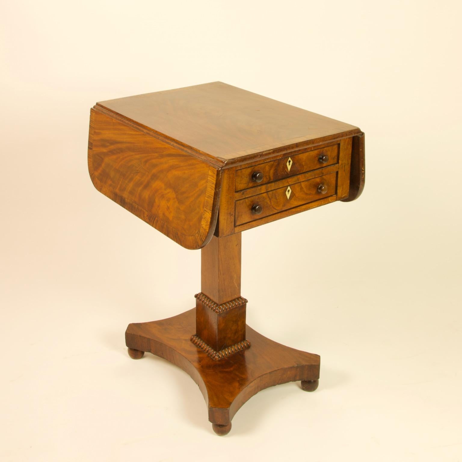 19th century English Regency mahogany small pembroke or drop-leaf side table

Small Regency small Pembroke or drop leaf table in mahogany, having a two flap top above two string inlaid drawers and two dummy drawers to back, all fitted with wooden
