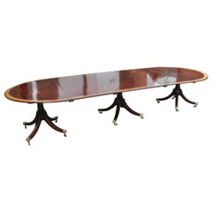 Antique 19th Century English Regency Mahogany Three Pedestal Dining Table with Satinwood