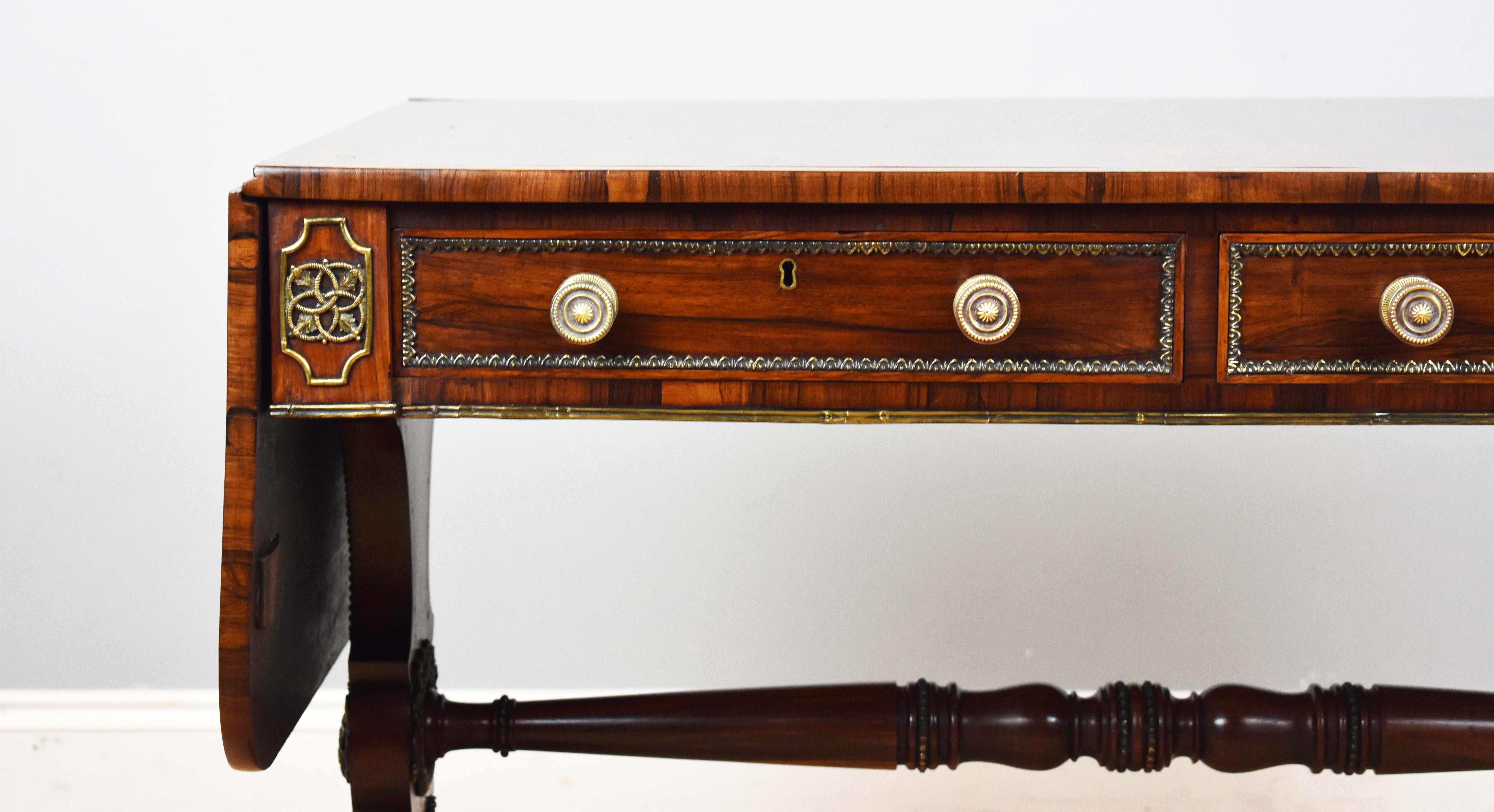 19th Century English Regency Period Rosewood and Brass Inlaid Sofa Table In Excellent Condition In Chelmsford, Essex