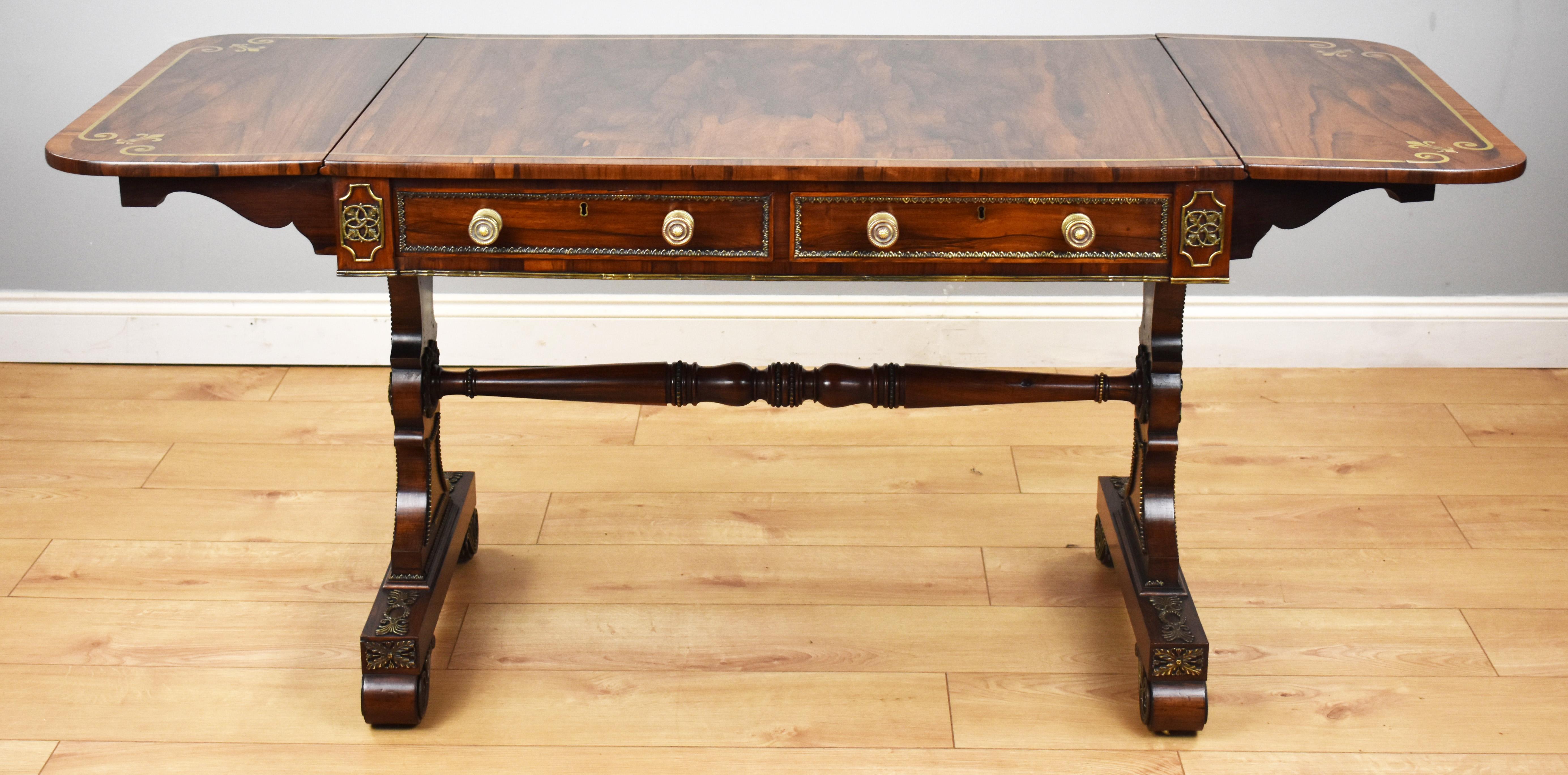 19th Century English Regency Period Rosewood and Brass Inlaid Sofa Table 2