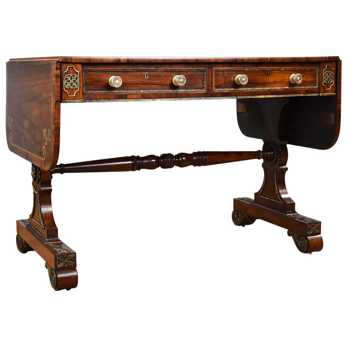 19th Century English Regency Period Rosewood and Brass Inlaid Sofa Table