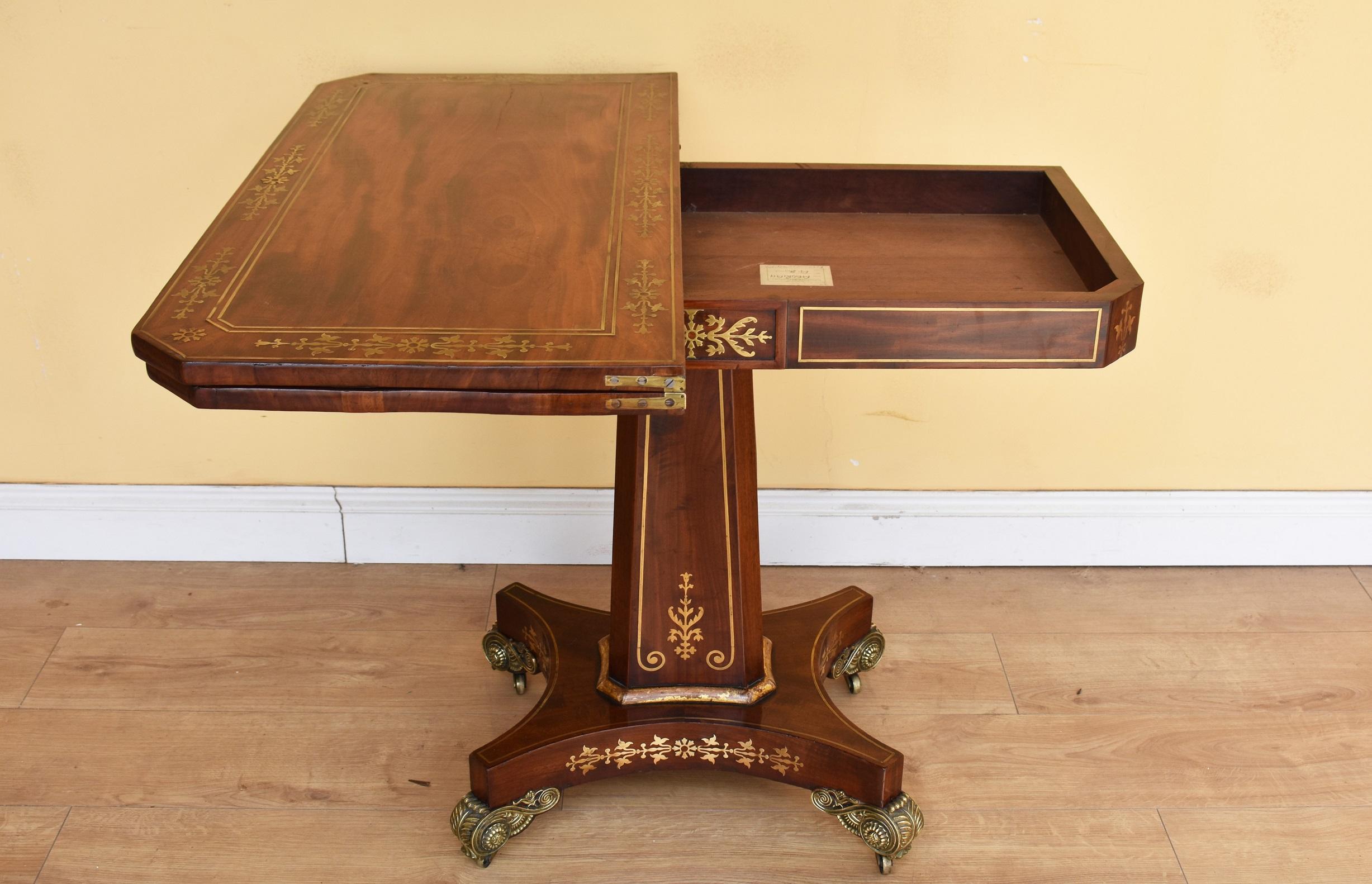 19th Century English Regency Rosewood and Brass Inlaid Card Table 3
