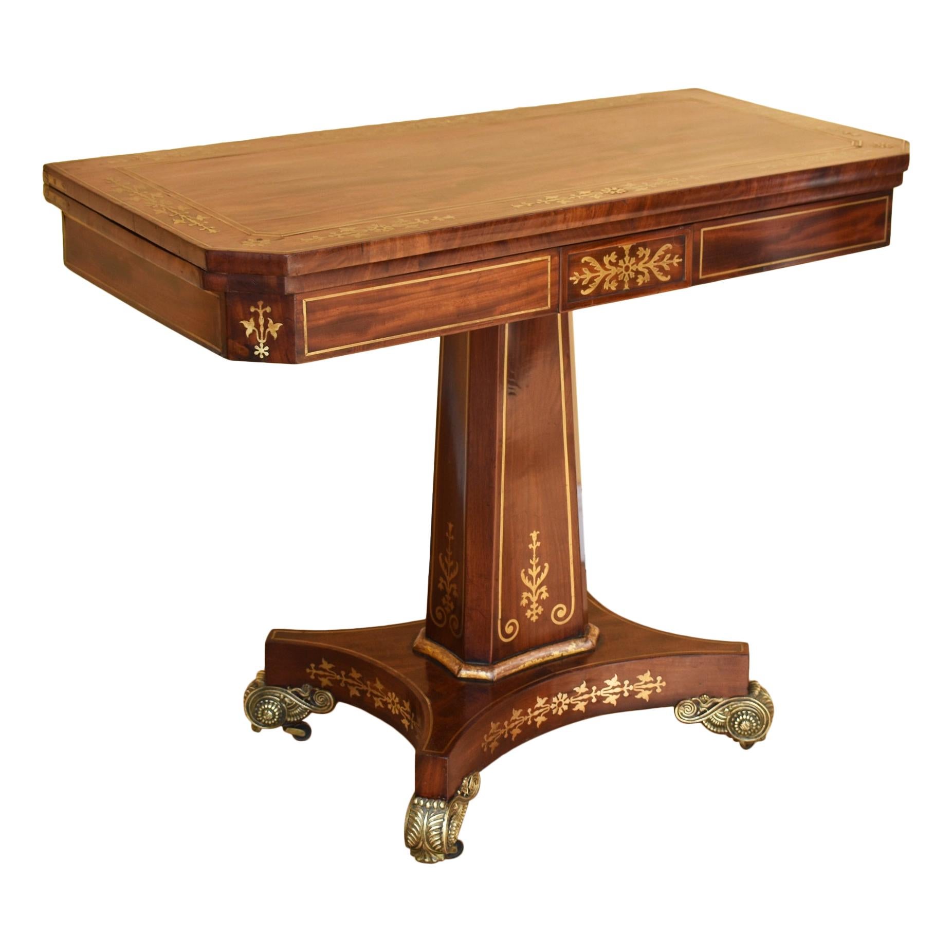 19th Century English Regency Rosewood and Brass Inlaid Card Table