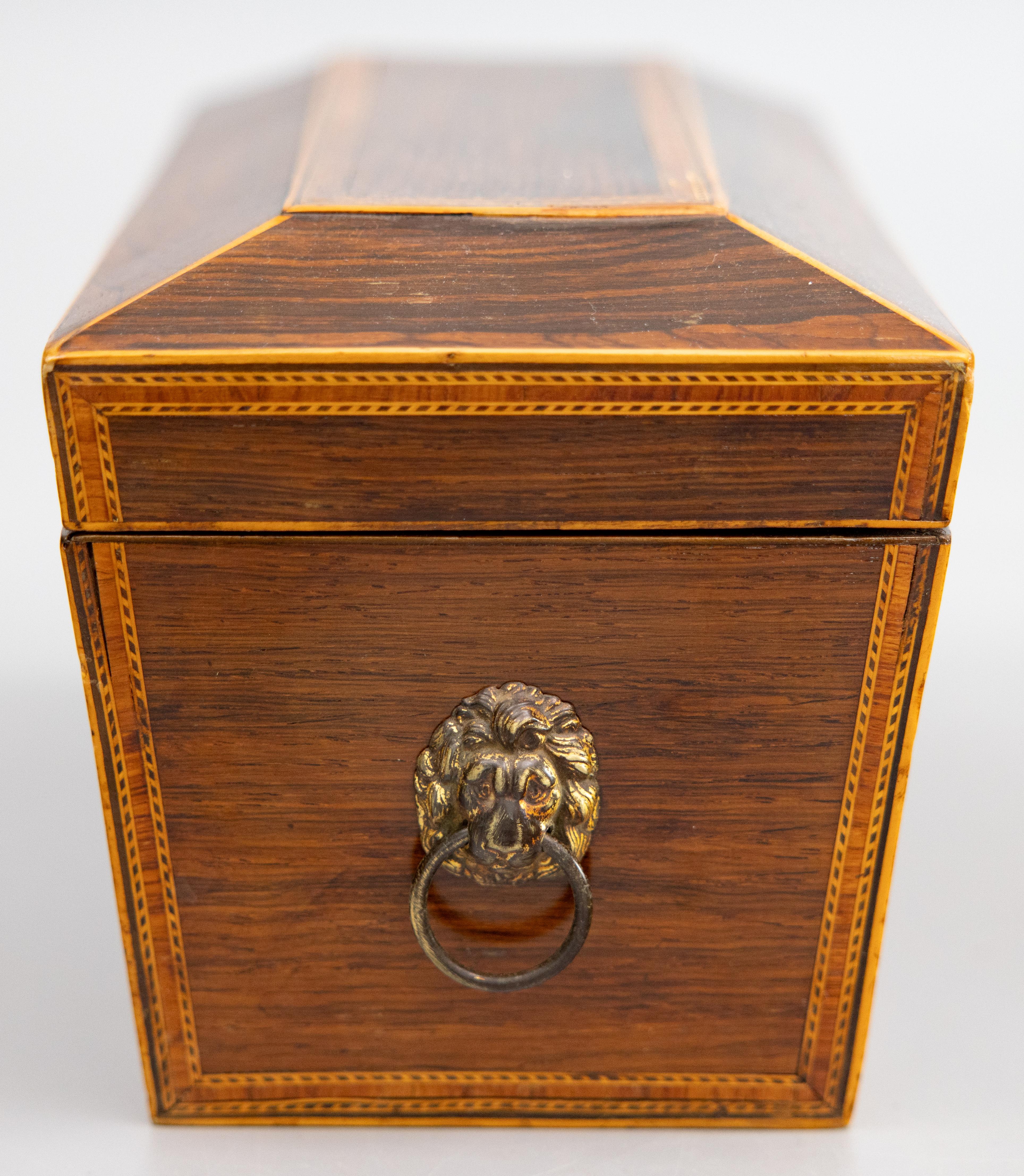 Inlay 19th Century English Regency Rosewood Sarcophagus Casket Jewelry Box, Lock & Key For Sale