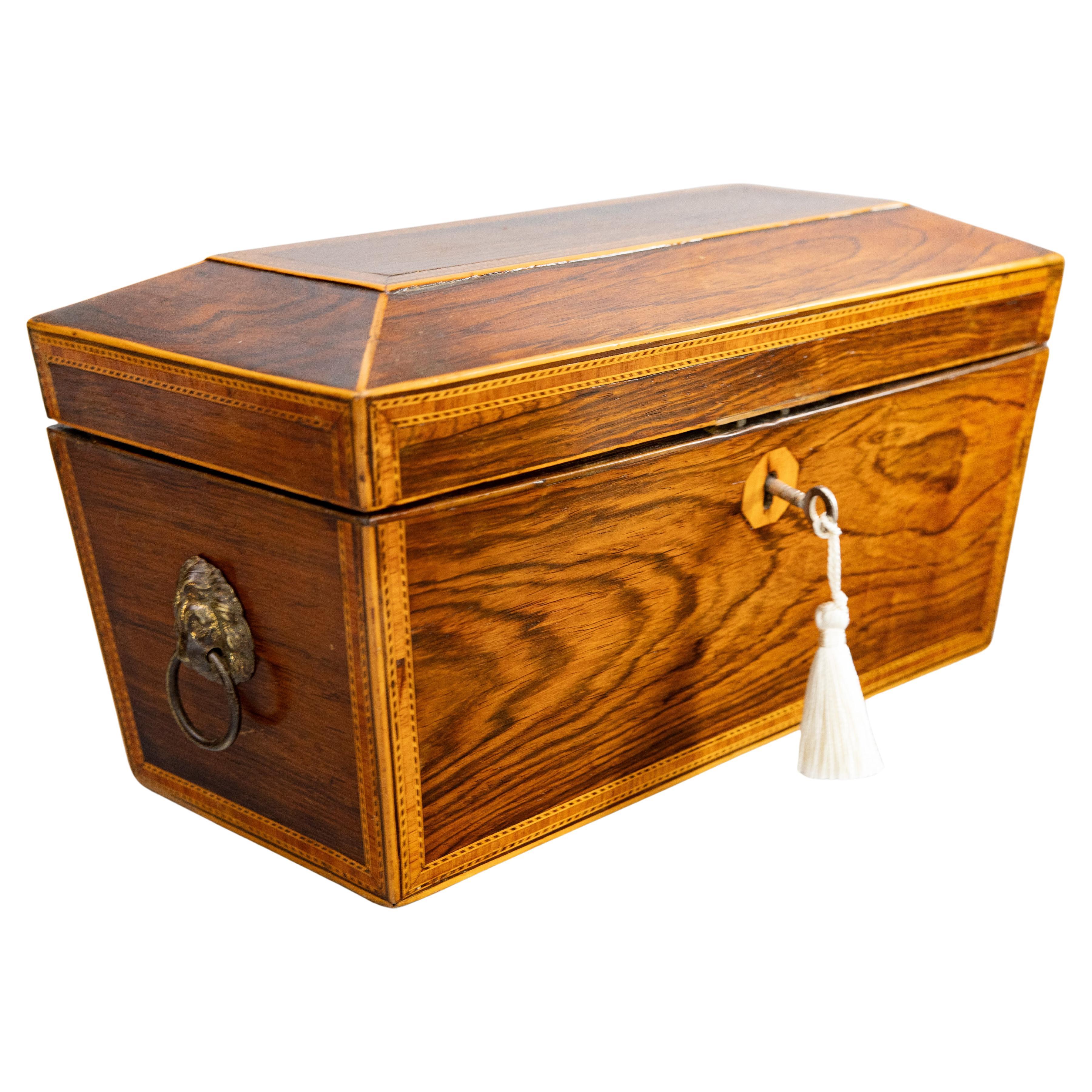 19th Century English Regency Rosewood Sarcophagus Casket Jewelry Box, Lock & Key For Sale