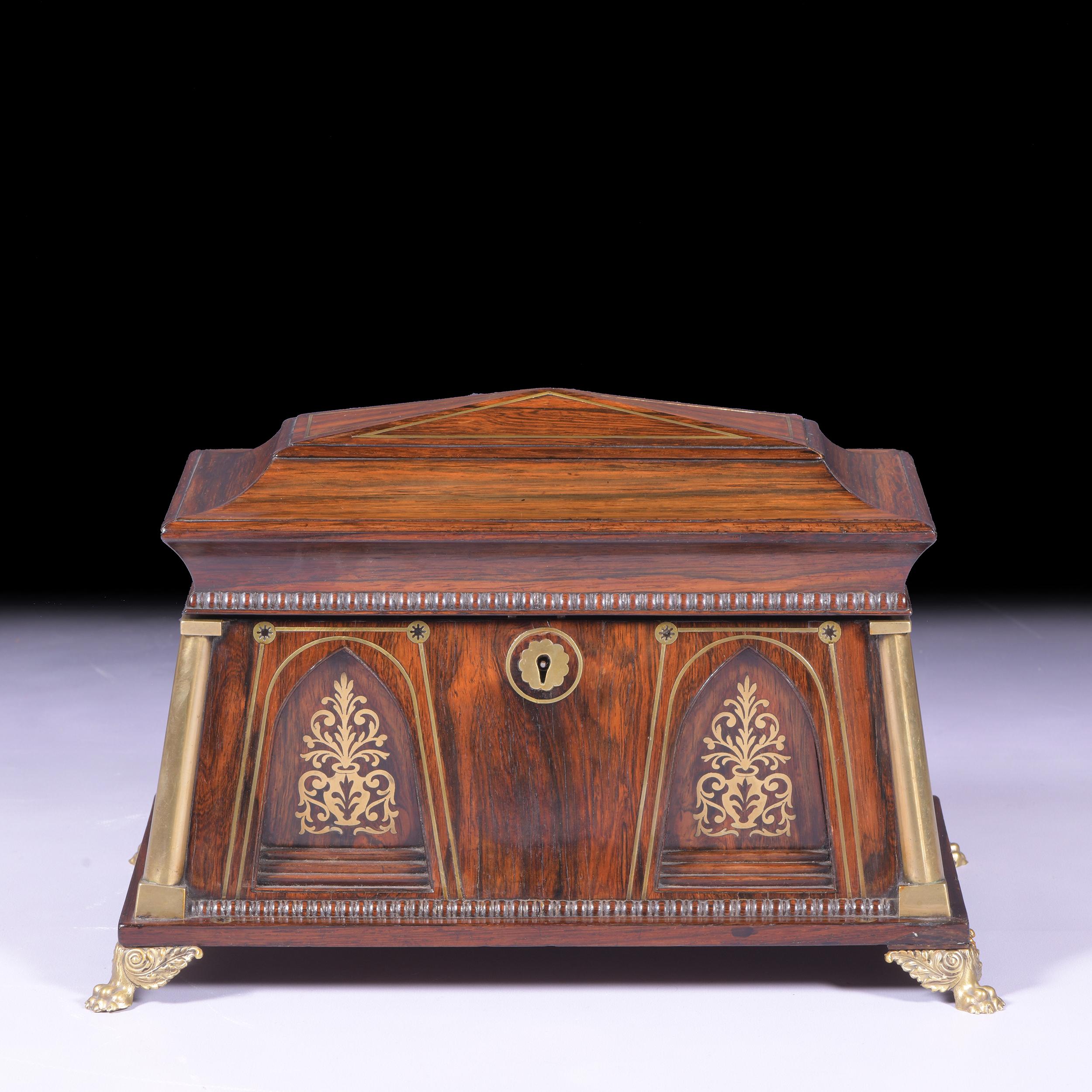 Inlay 19th Century English Regency Sarcophagus Shaped Tea Caddy For Sale