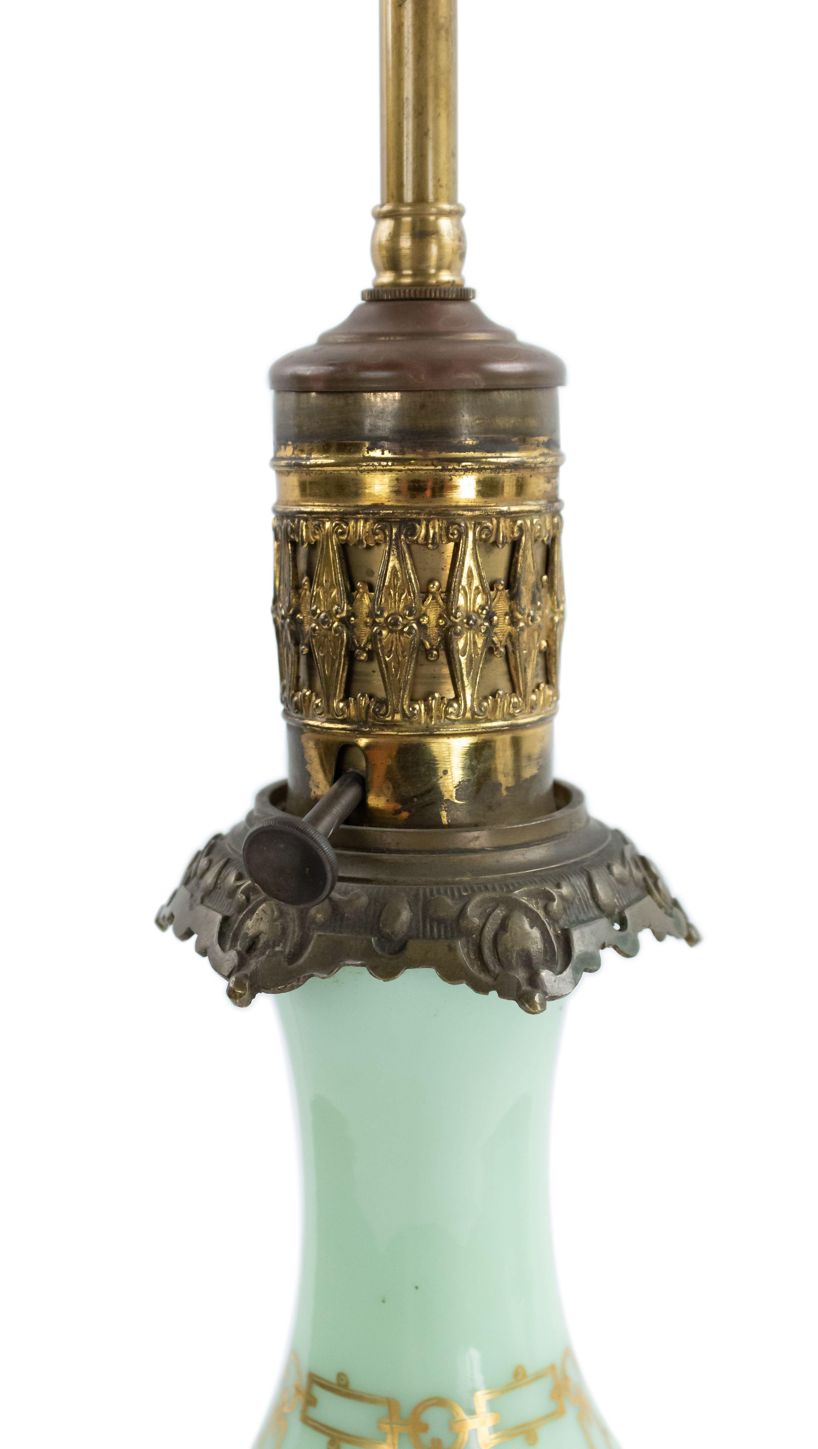 Pair of English Regency Style Celadon Glass Table Lamps In Good Condition For Sale In New York, NY
