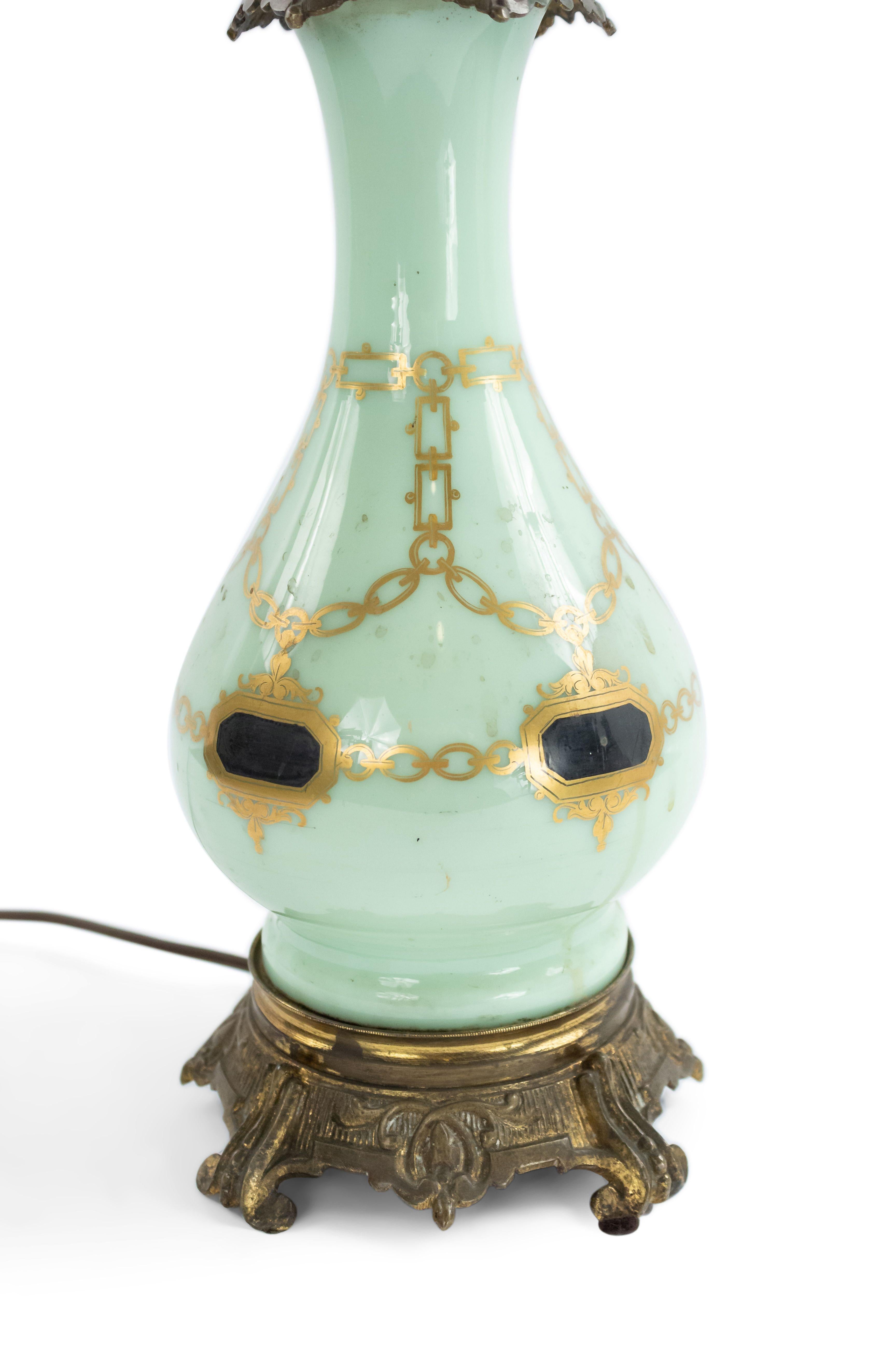 Bronze Pair of English Regency Style Celadon Glass Table Lamps For Sale