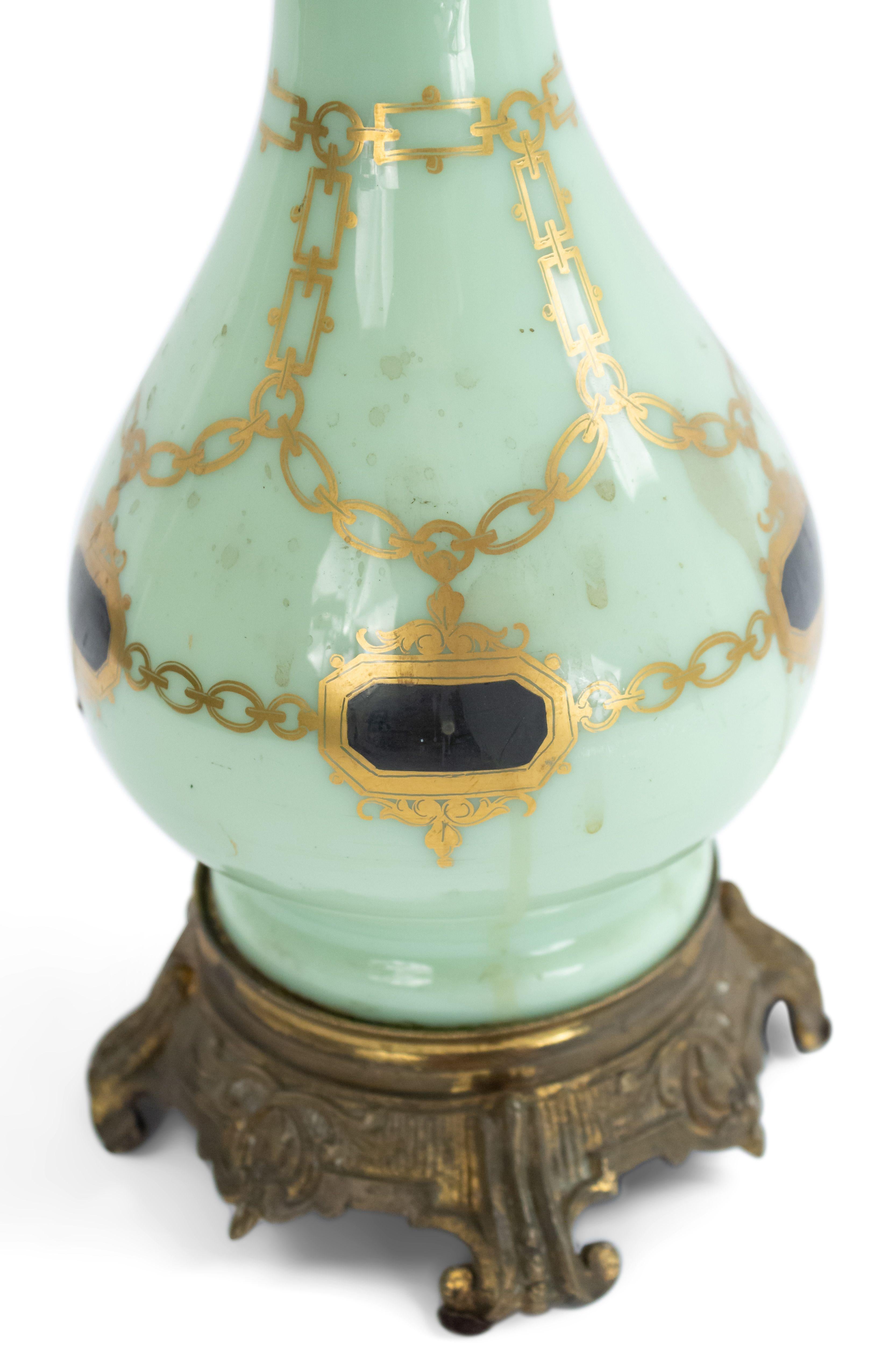 Pair of English Regency Style Celadon Glass Table Lamps For Sale 1