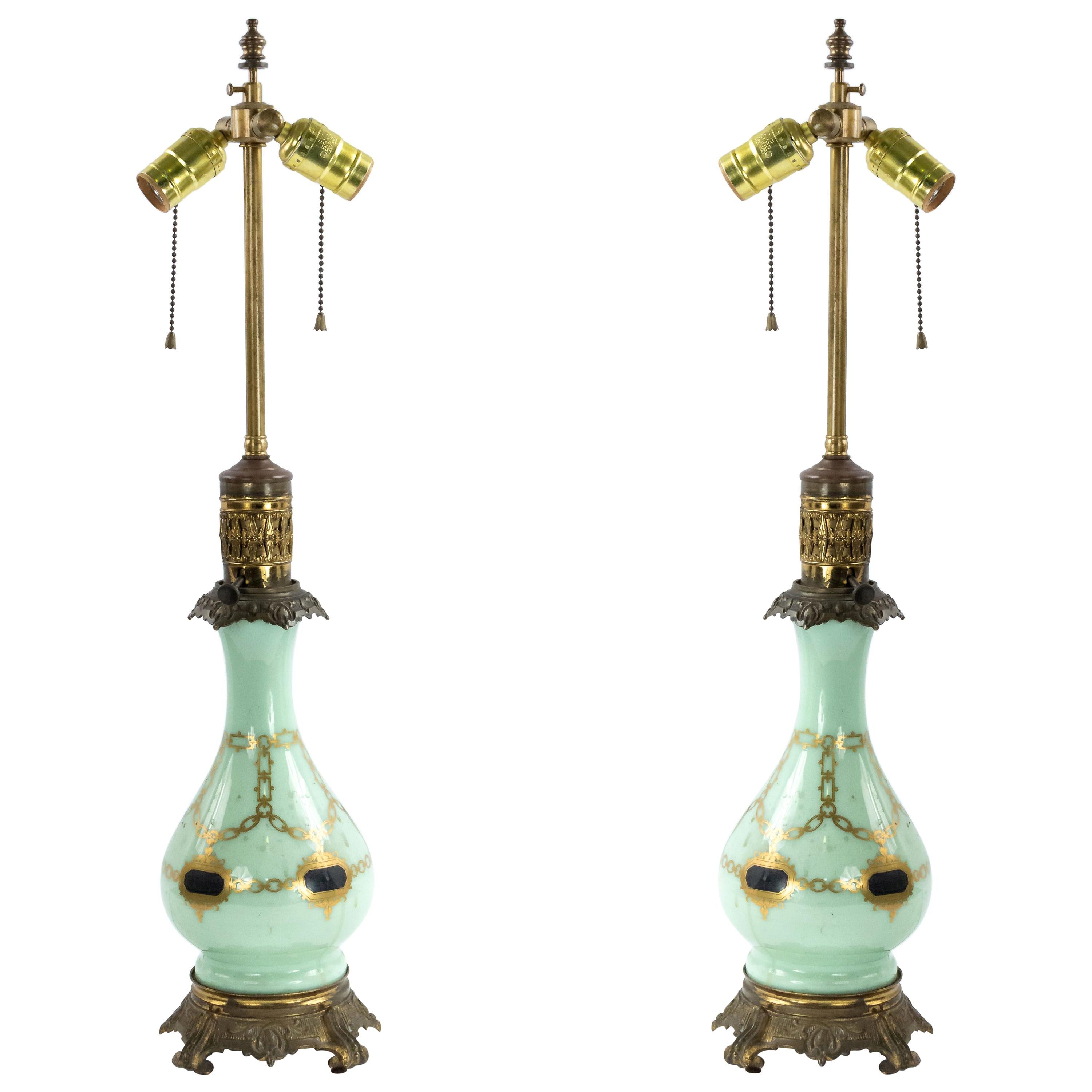 Pair of English Regency Style Celadon Glass Table Lamps