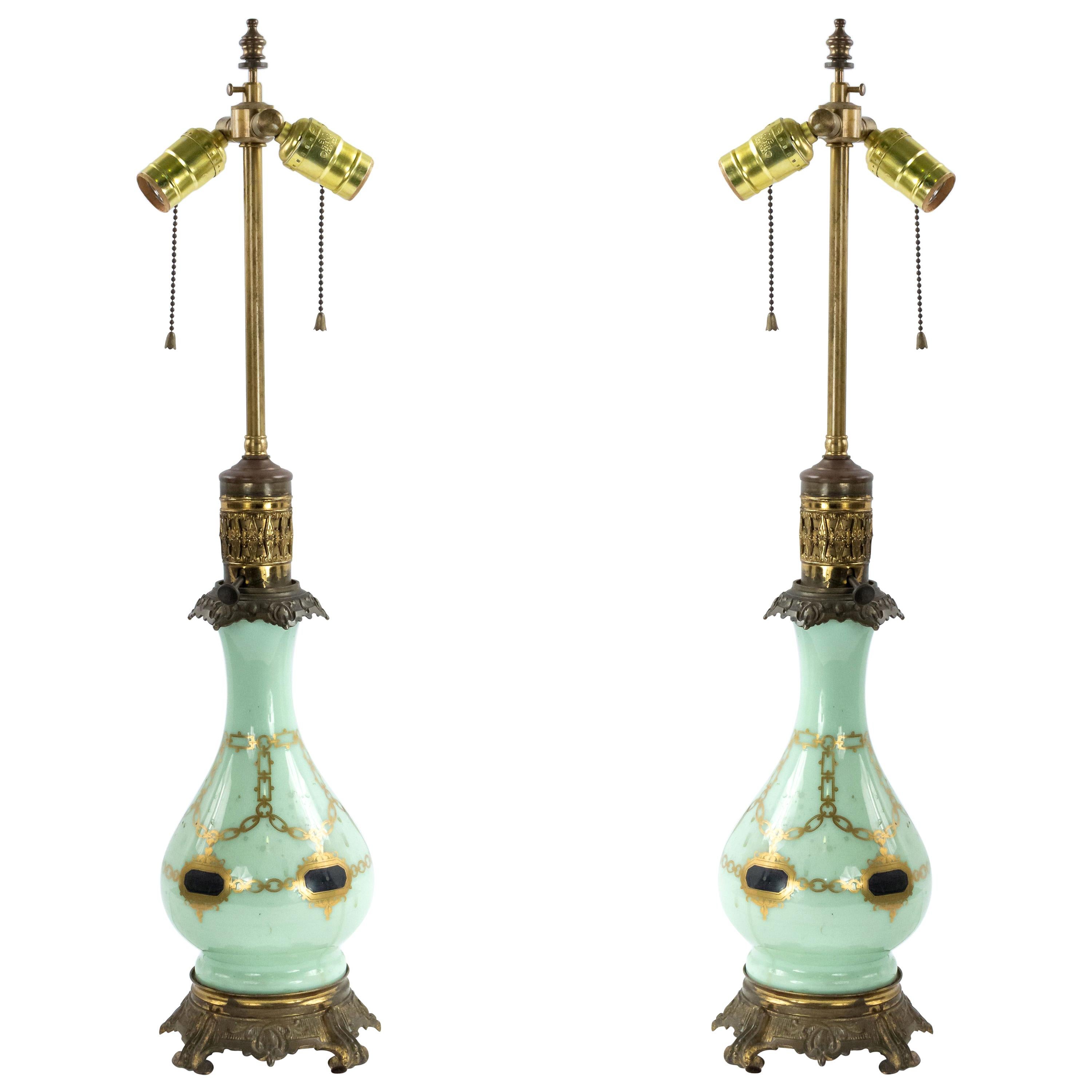 Pair of English Regency Style Celadon Glass Table Lamps