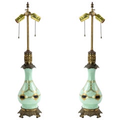 Pair of English Regency Style Celadon Glass Table Lamps