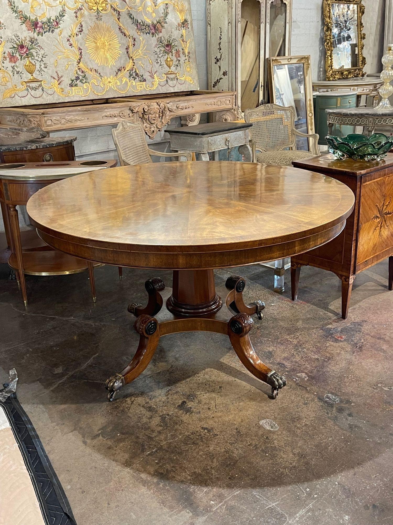 Handsome 19th century English Regency style flame mahogany center table. Very pretty wood grain and beautiful polished finish. A gorgeous elegant table!!