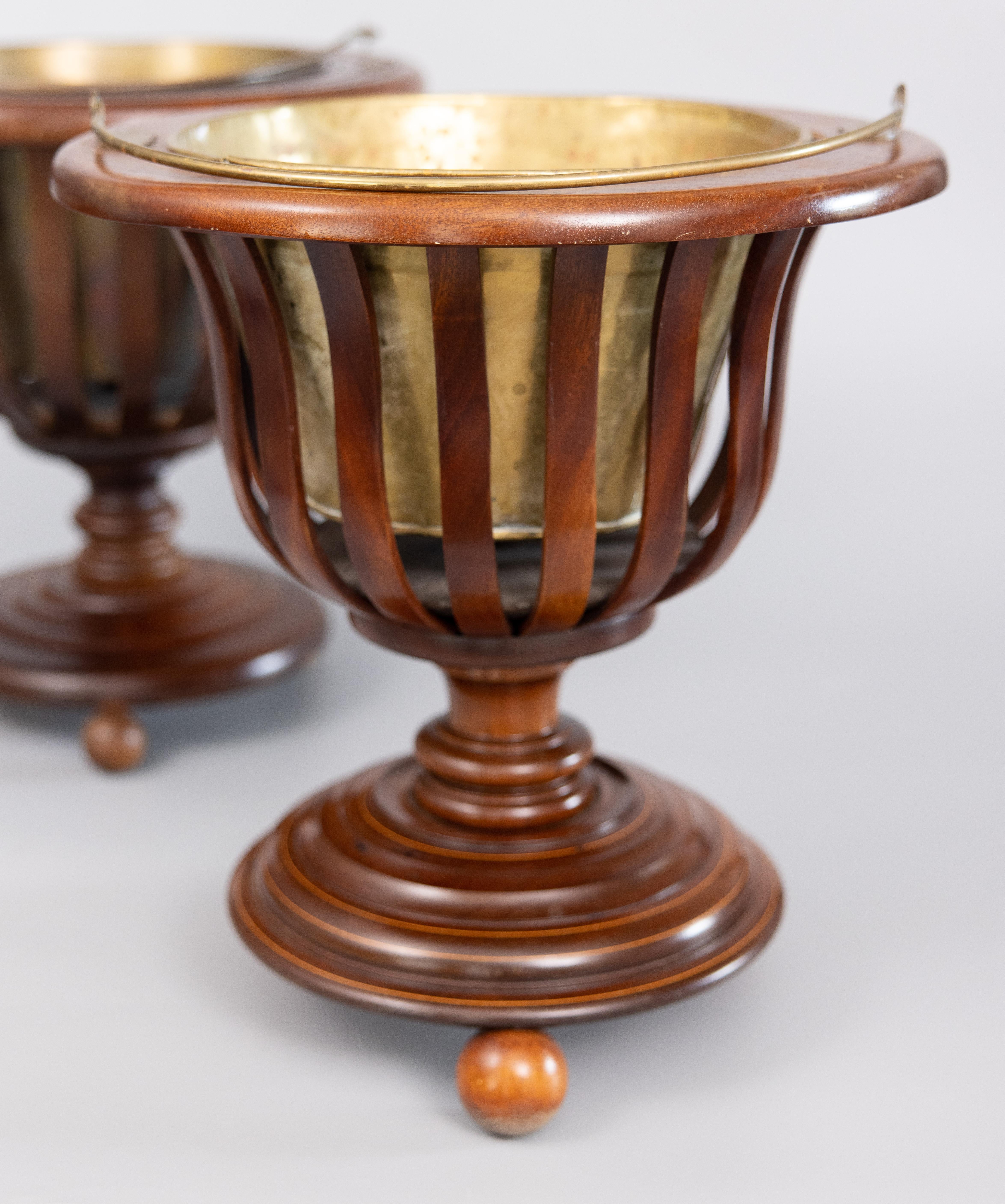 Brass 19th Century English Regency Style Mahogany Jardinieres Planters