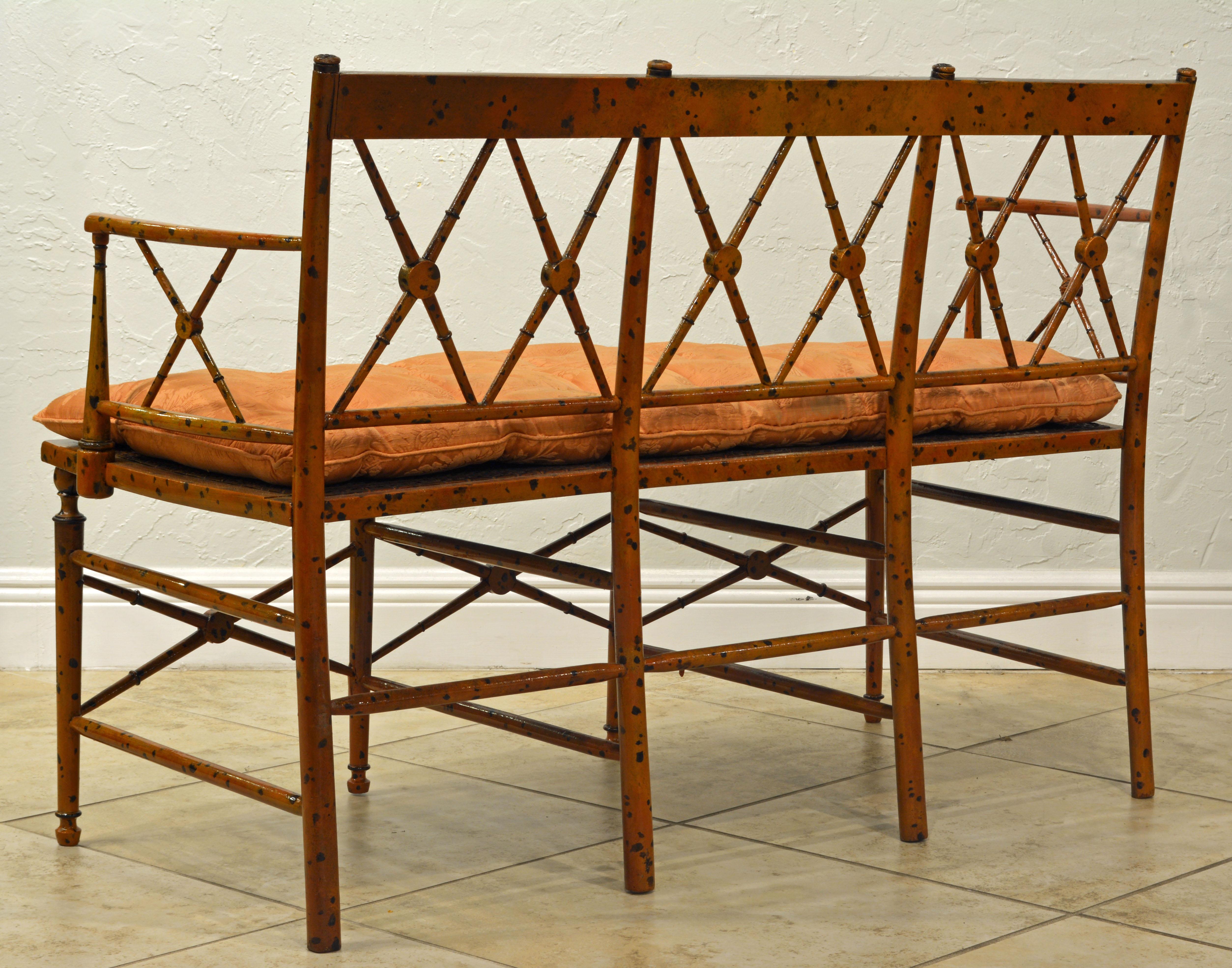 19th Century English Regency Style Painted Faux Bamboo Cane Seat Settee In Good Condition In Ft. Lauderdale, FL