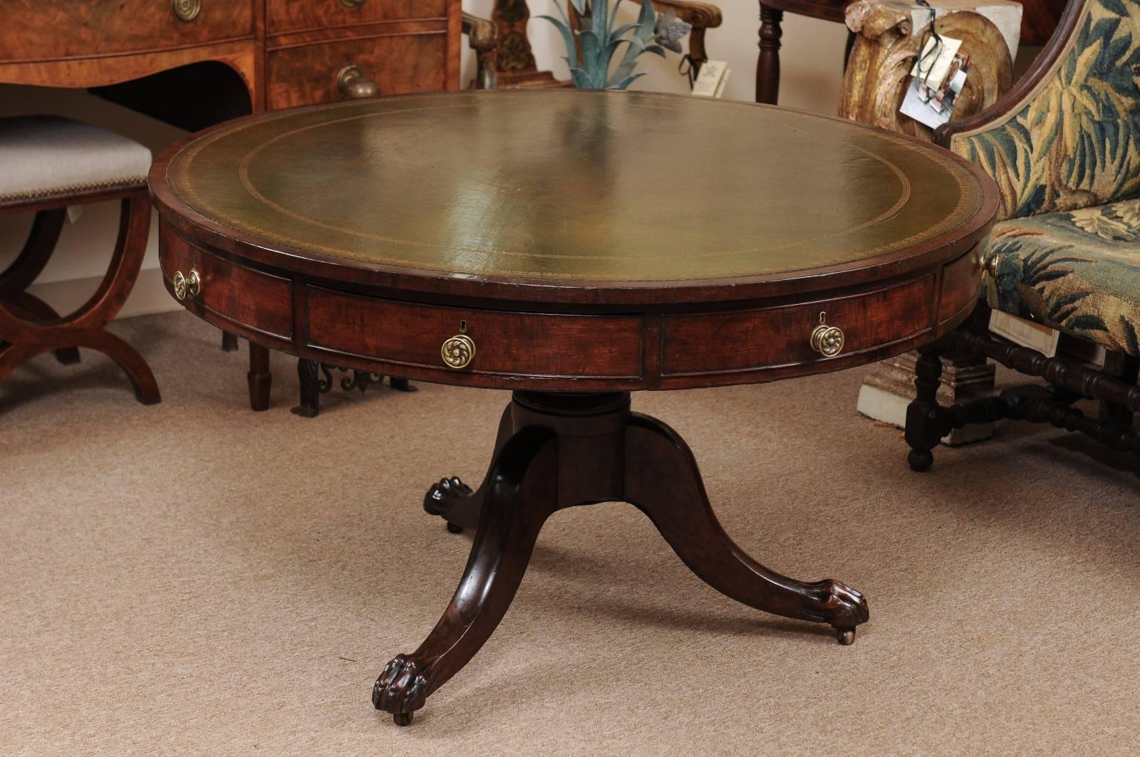 19th Century English Regency Style Rent Table with Green Leather Top & Paw Feet For Sale 6